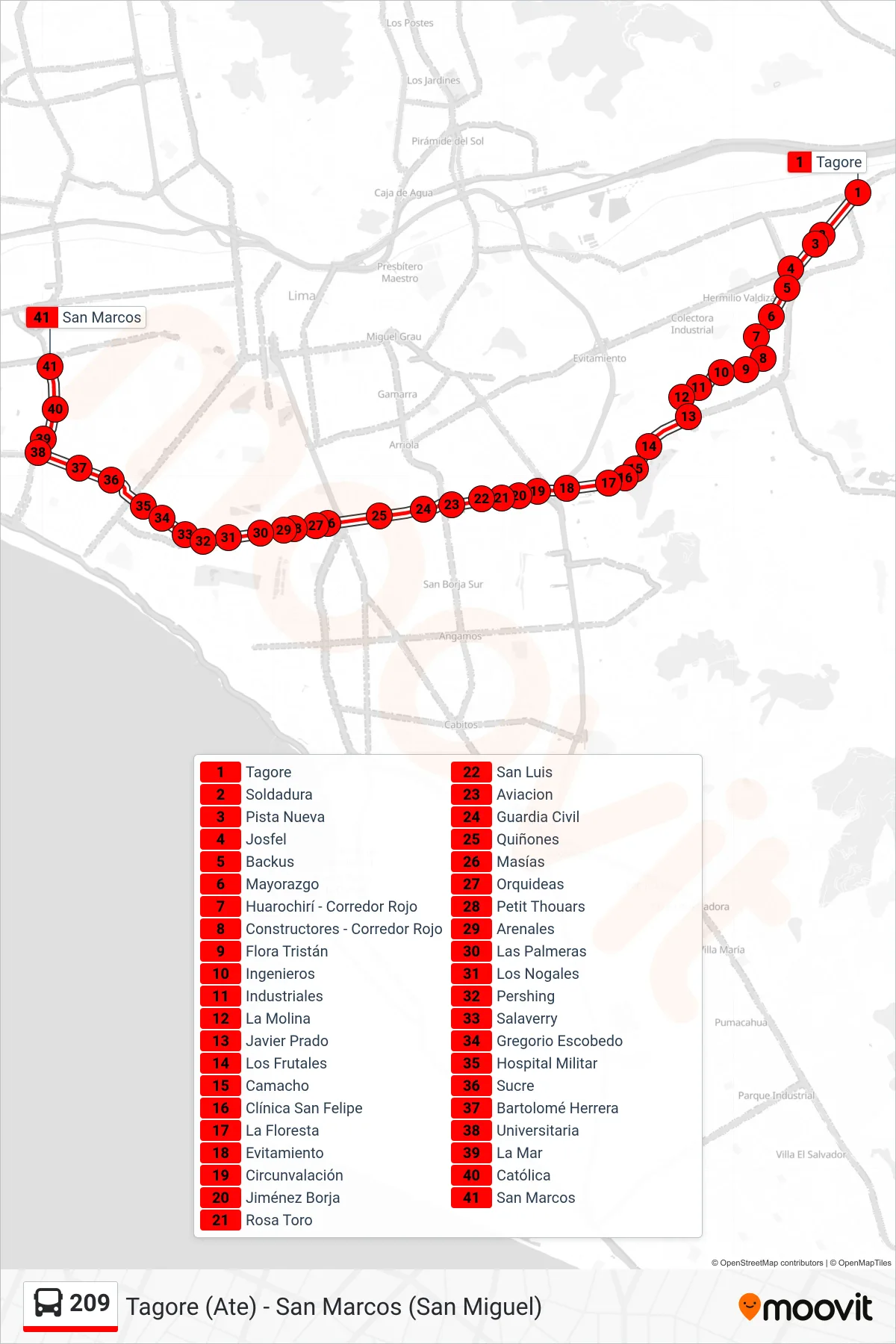 209 bus Line (Tagore (Ate) - San Marcos (San Miguel)) route and stops on a map
