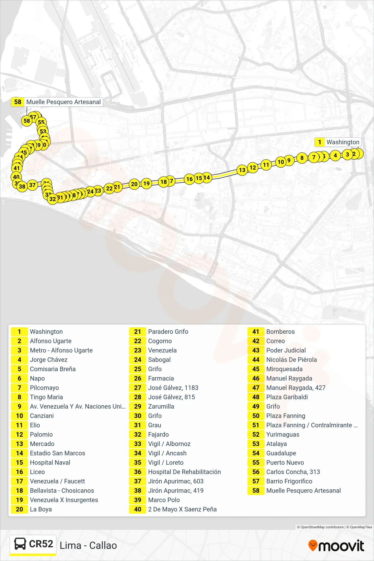 CR52 bus Line (Lima - Callao) route and stops on a map