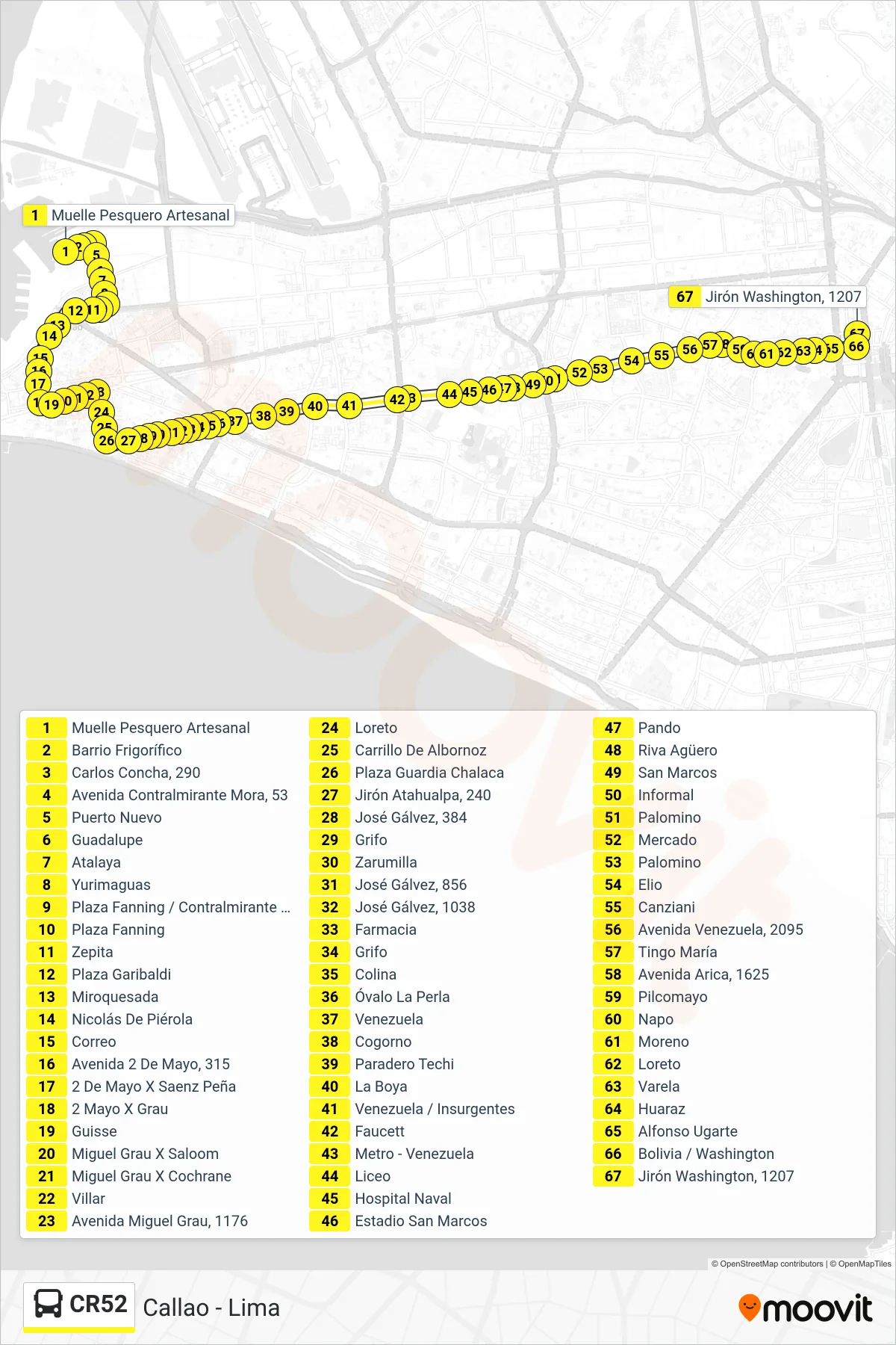 CR52 bus Line (Callao - Lima) route and stops on a map