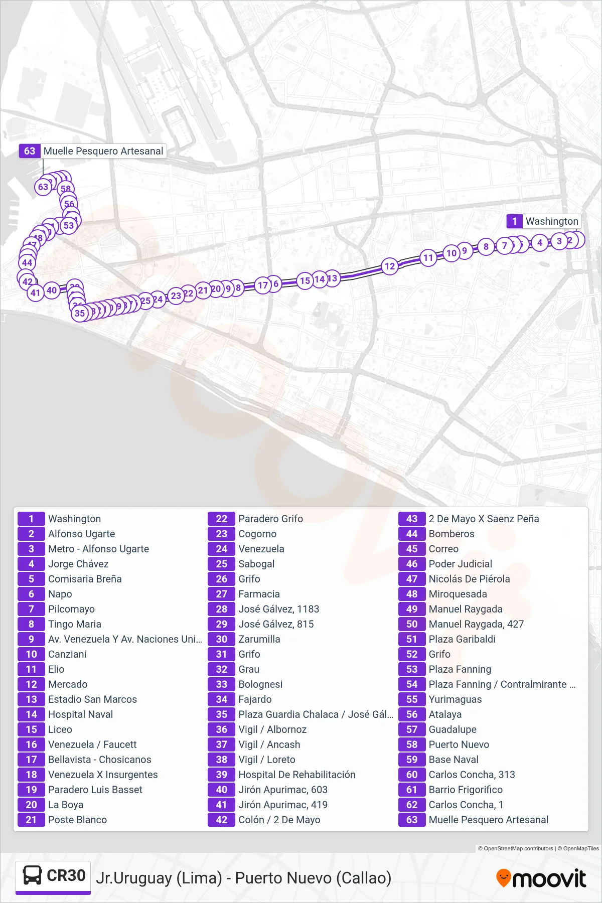 CR30 bus Line (Jr.Uruguay (Lima) - Puerto Nuevo (Callao)) route and stops on a map