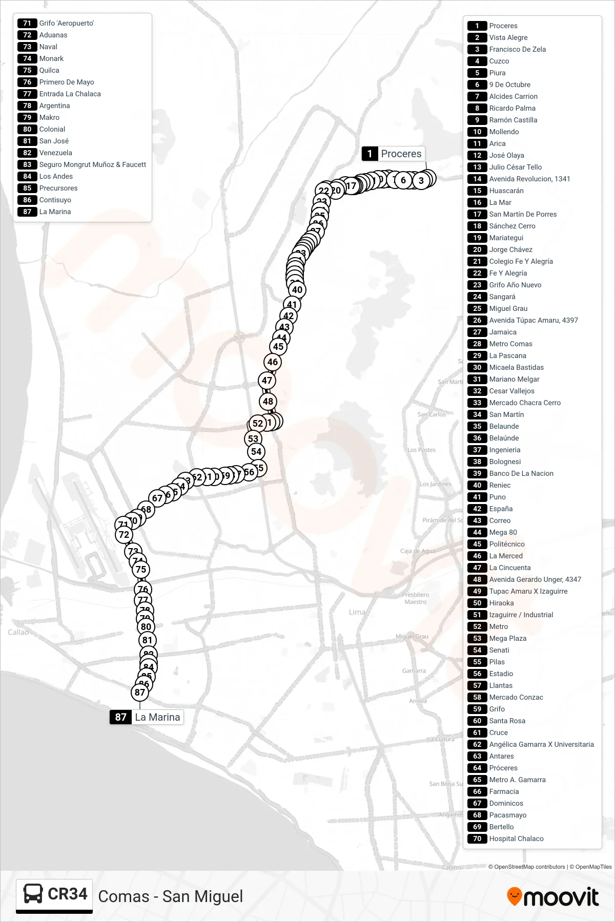 CR34 bus Line (Comas - San Miguel) route and stops on a map