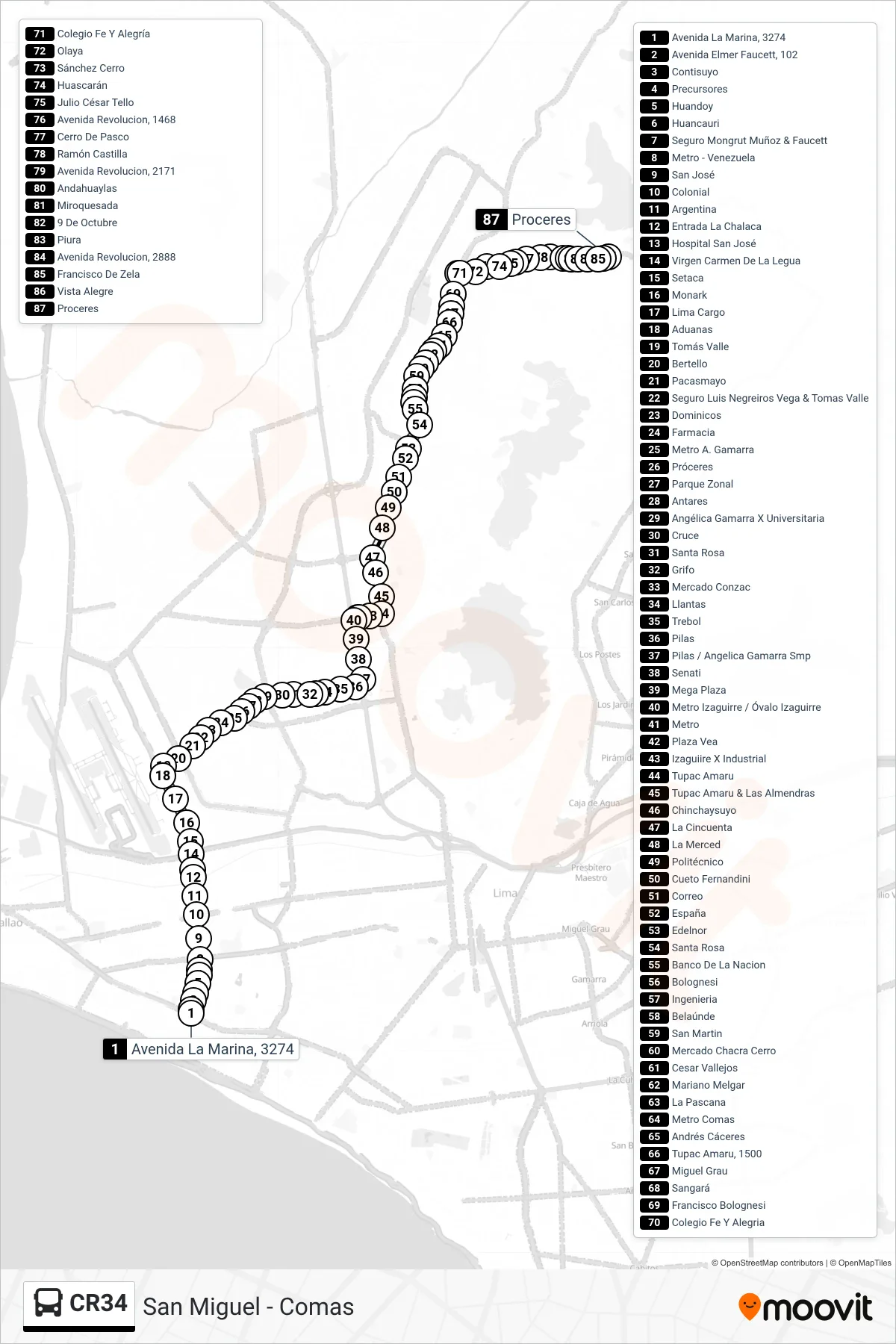 CR34 bus Line (San Miguel - Comas) route and stops on a map