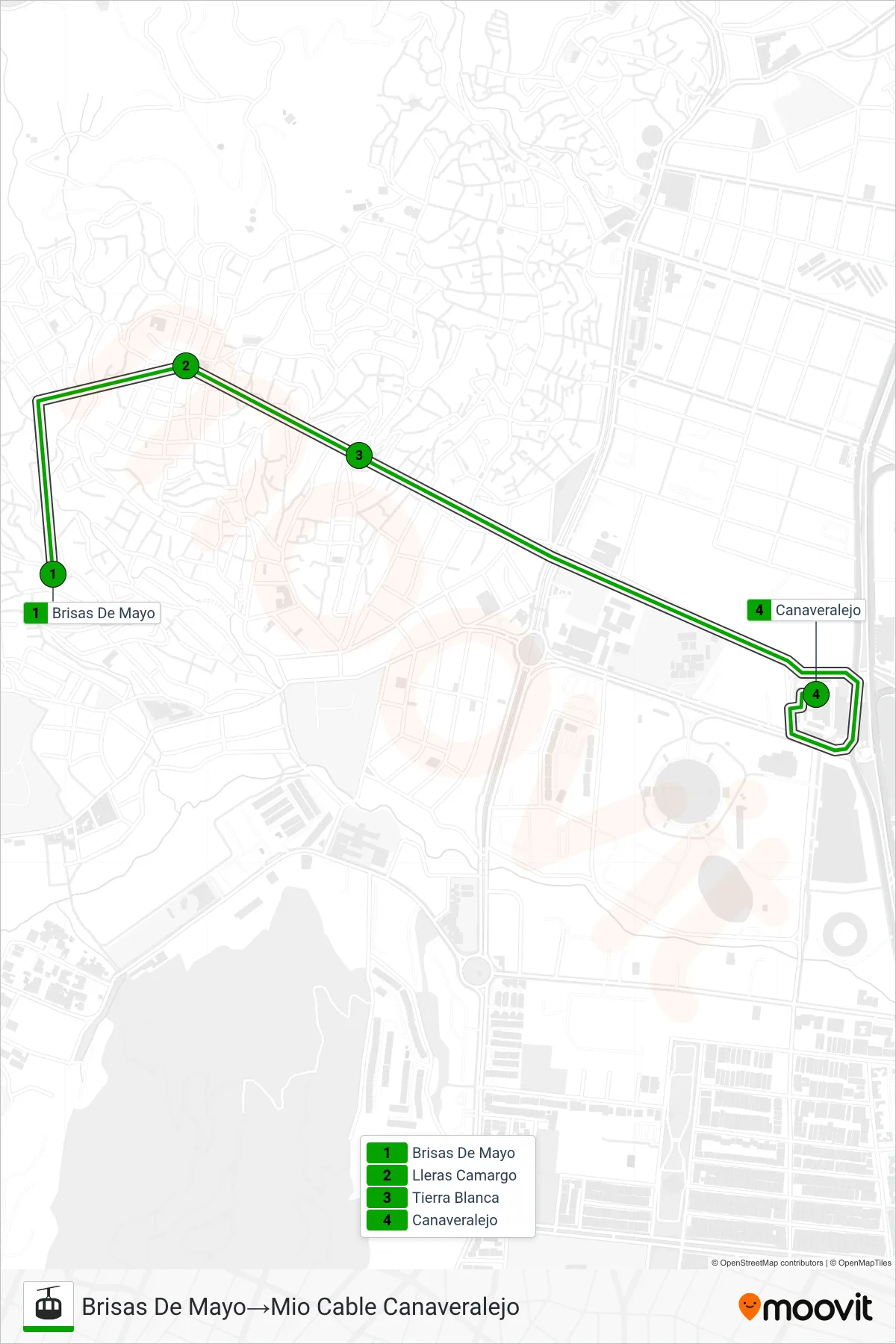 MIOCABLE gondola Line (Brisas De Mayo→Mio Cable Canaveralejo) route and stops on a map