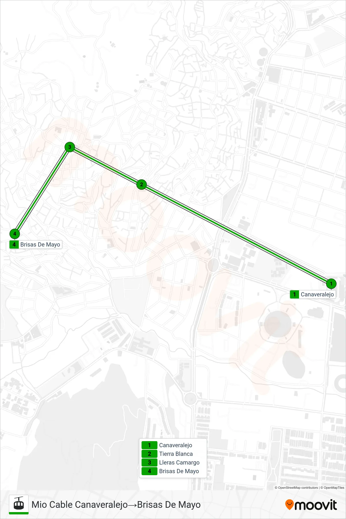 MIOCABLE gondola Line (Mio Cable Canaveralejo→Brisas De Mayo) route and stops on a map