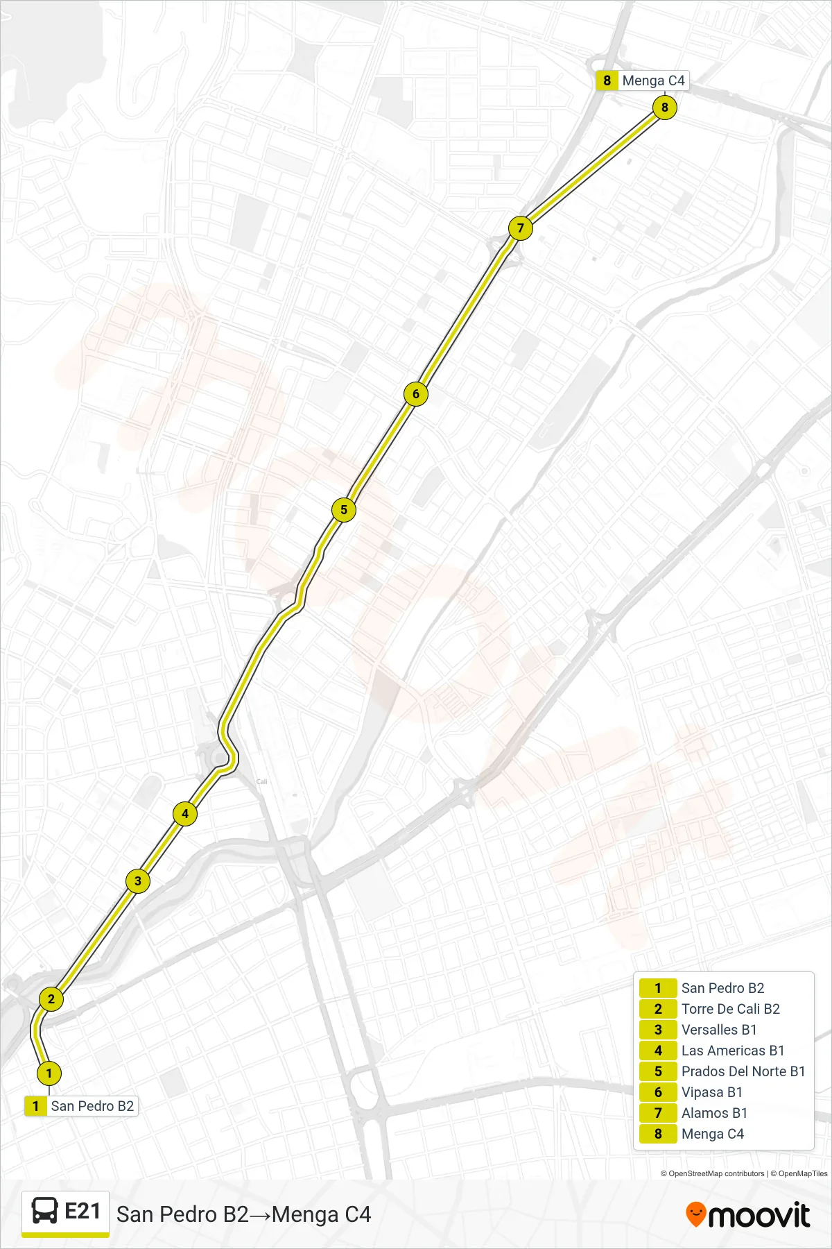 E21 bus Line (San Pedro B2→Menga C4) route and stops on a map