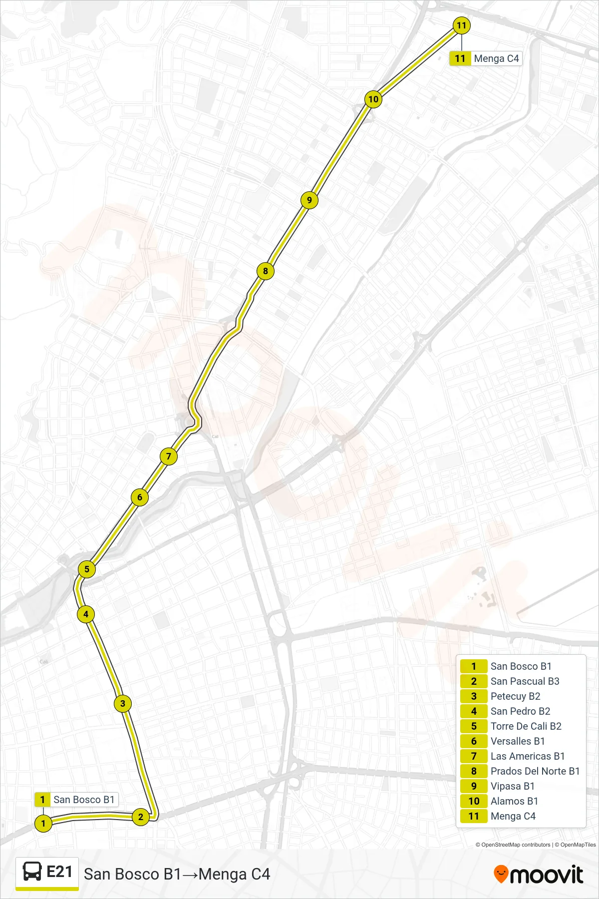 E21 bus Line (San Bosco B1→Menga C4) route and stops on a map
