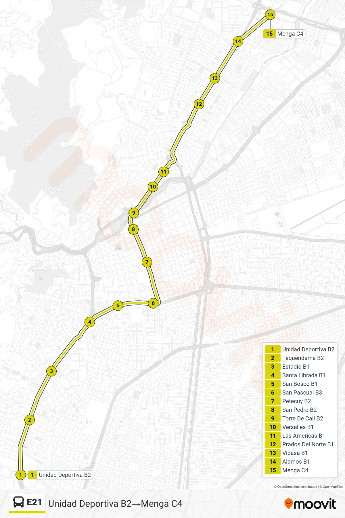 Recorrido y paradas de la línea E21 de autobús (Unidad Deportiva B2→Menga C4) en el mapa