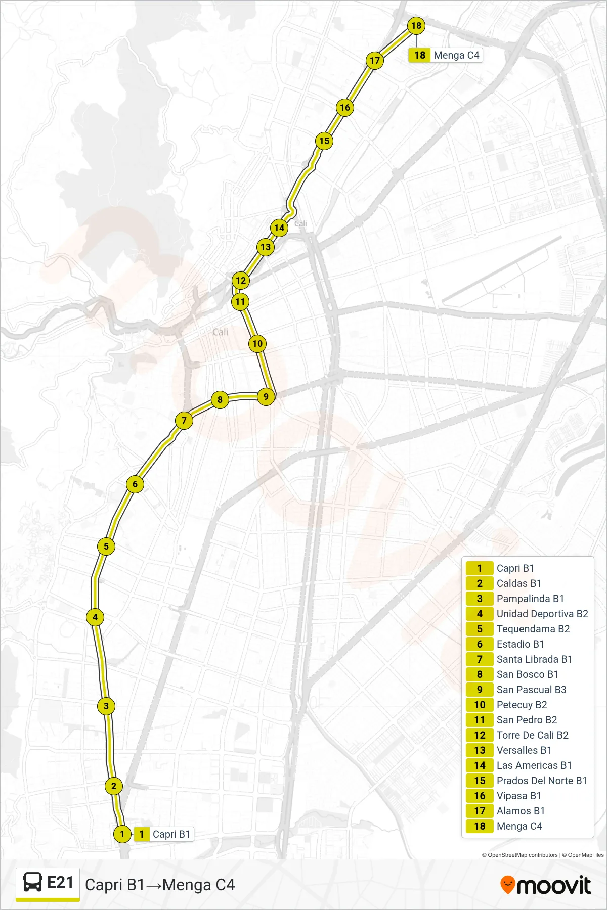 E21 bus Line (Capri B1→Menga C4) route and stops on a map