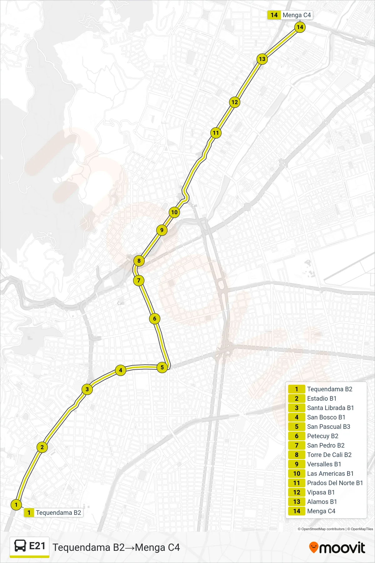 E21 bus Line (Tequendama B2→Menga C4) route and stops on a map