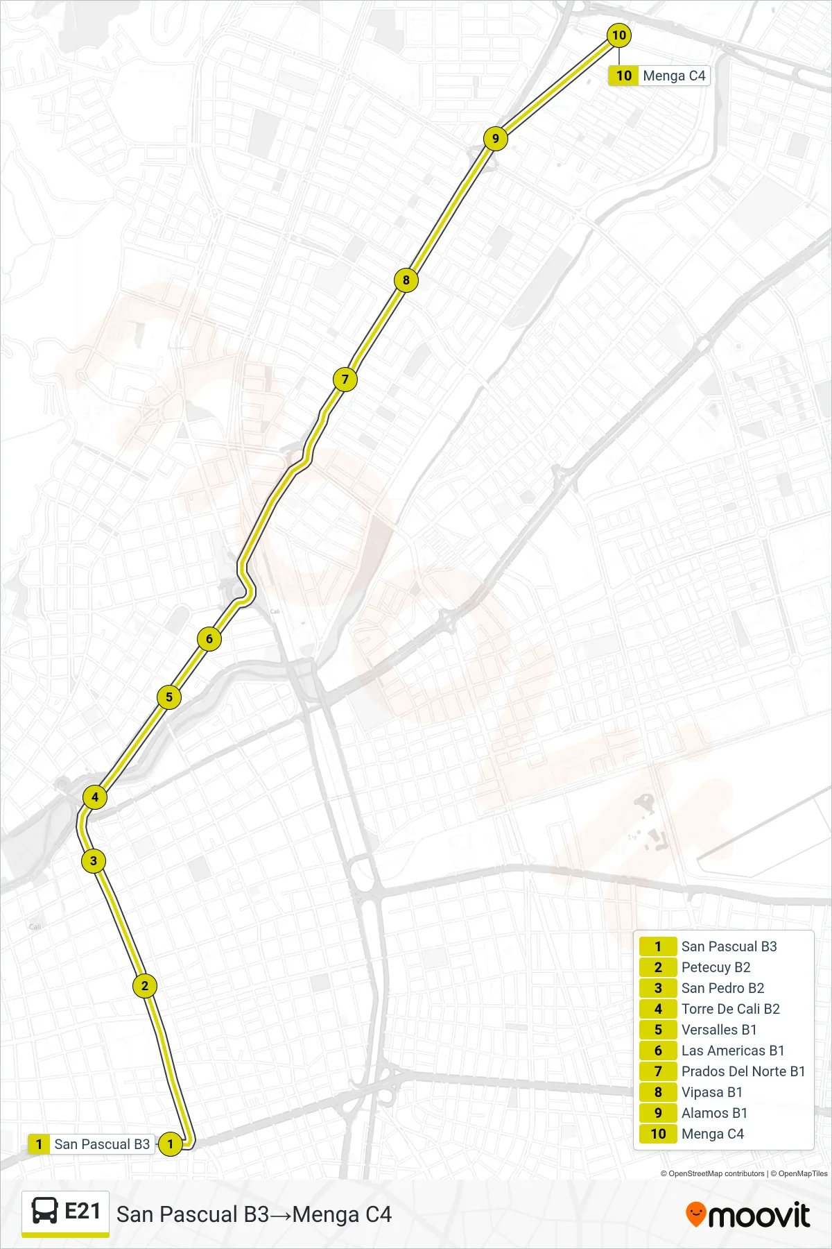E21 bus Line (San Pascual B3→Menga C4) route and stops on a map