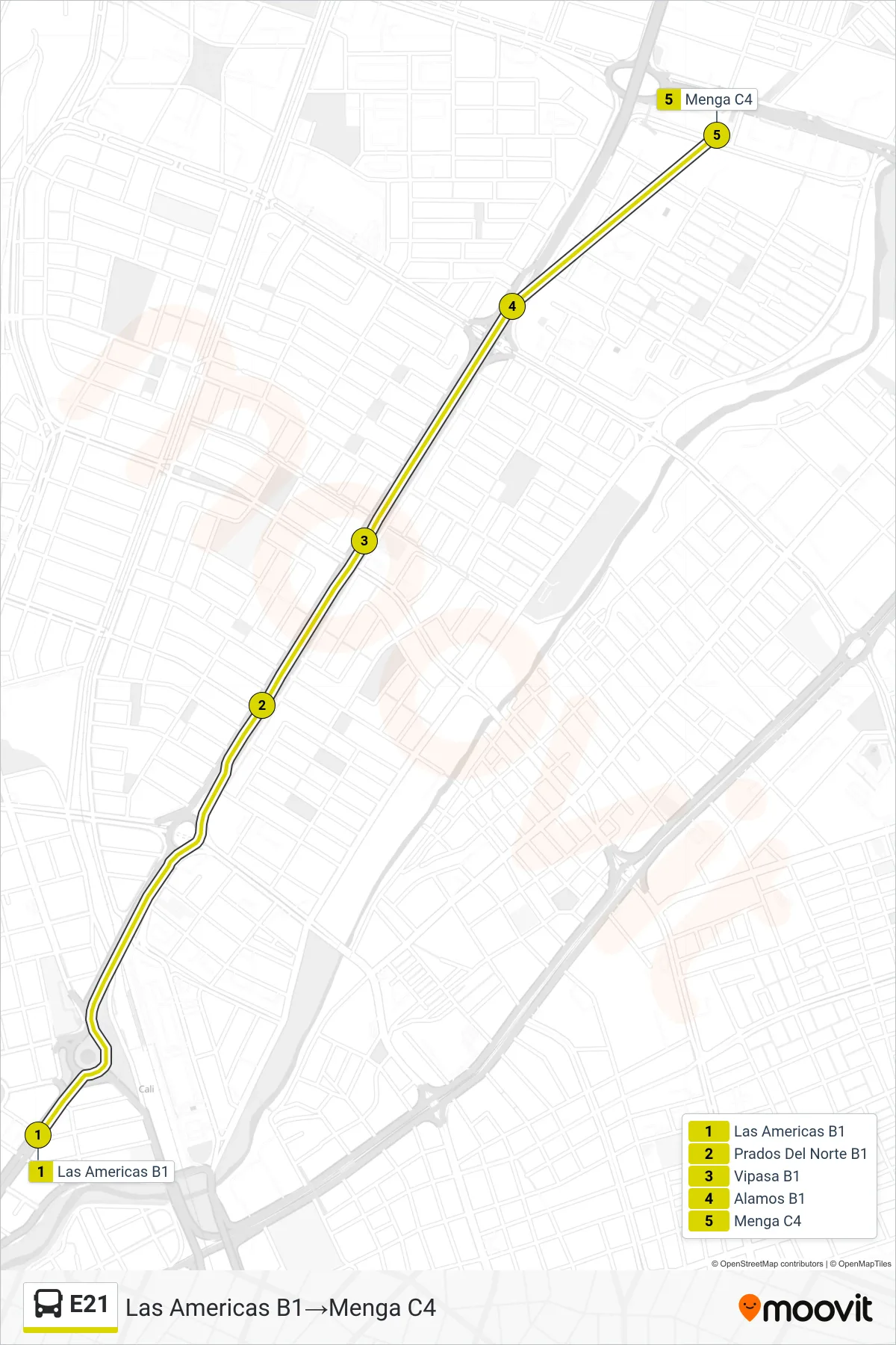 E21 bus Line (Las Americas B1→Menga C4) route and stops on a map