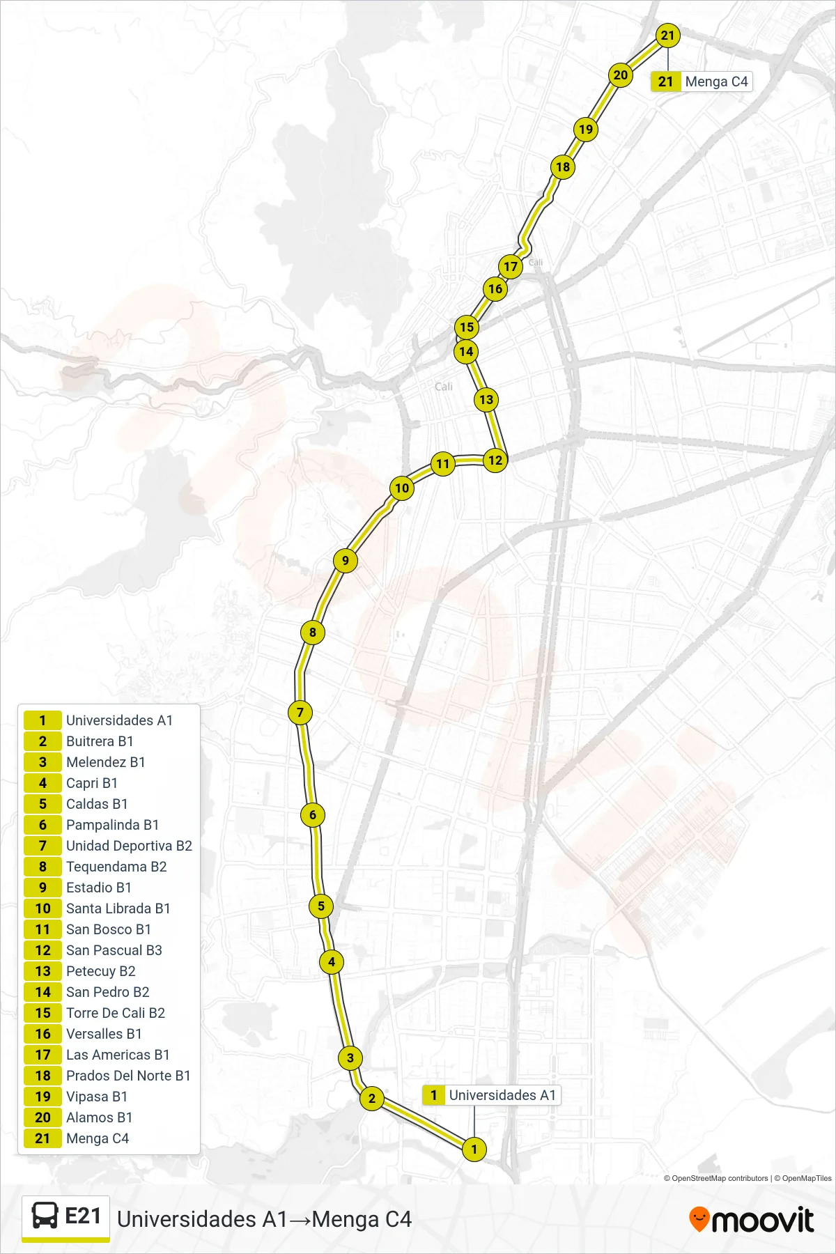 E21 bus Line (Universidades A1→Menga C4) route and stops on a map