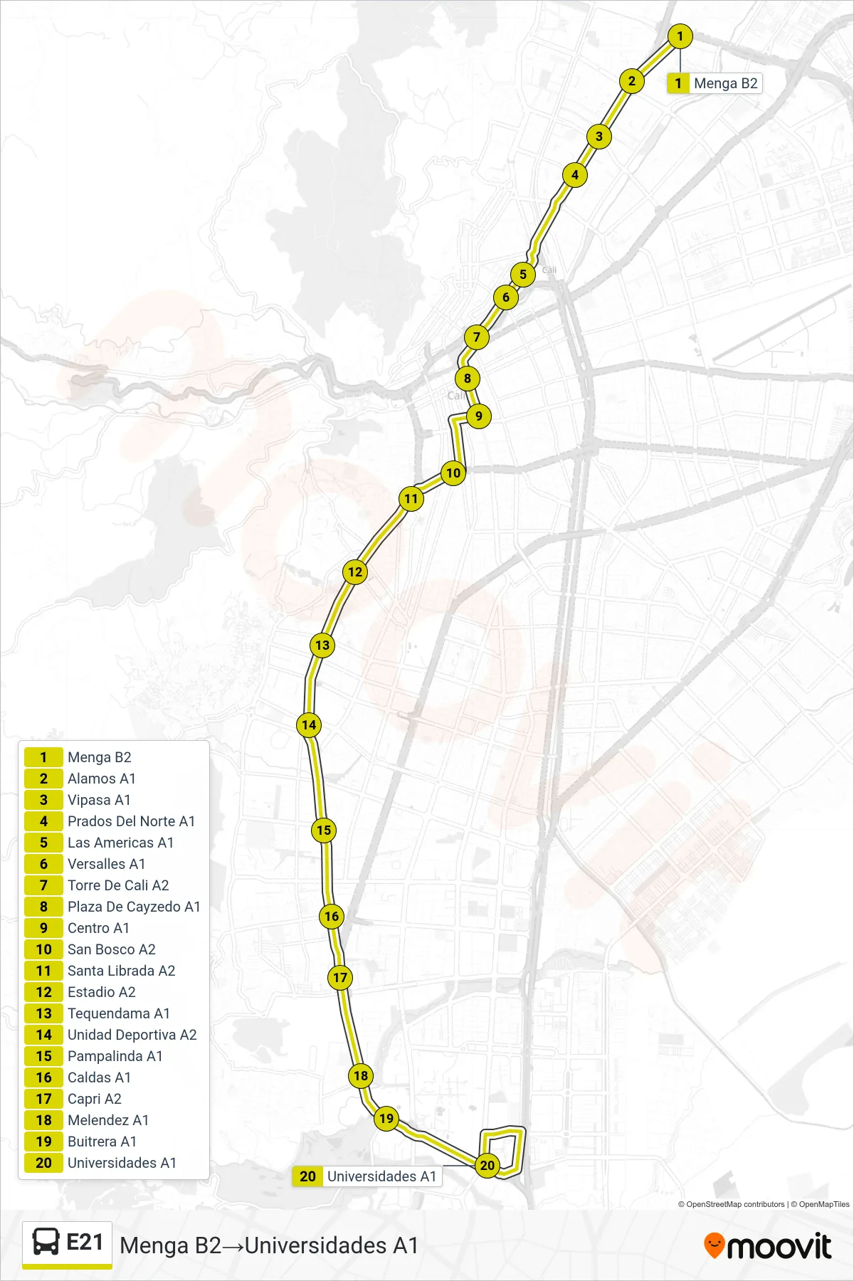 E21 bus Line (Menga B2→Universidades A1) route and stops on a map