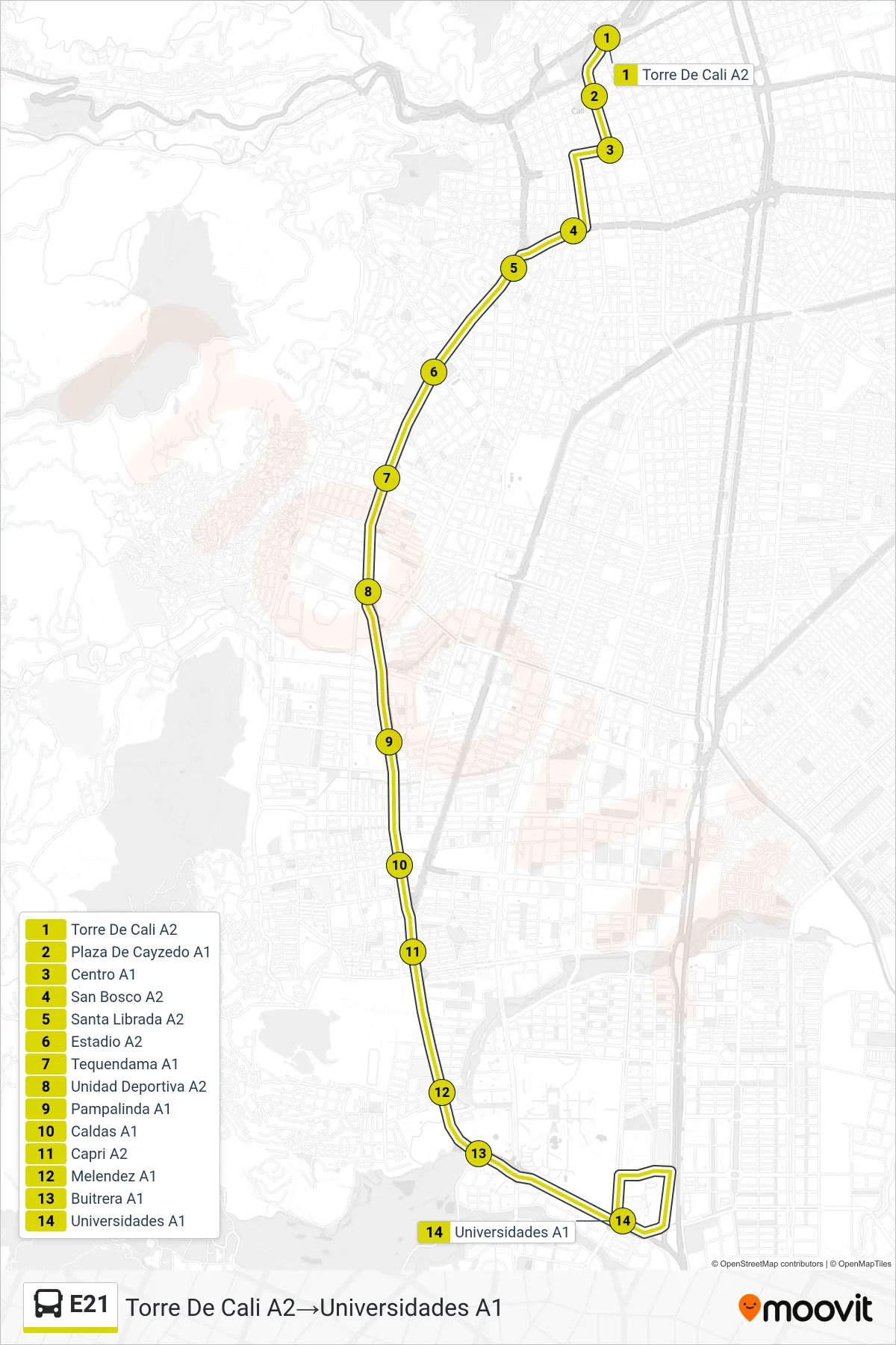 E21 bus Line (Torre De Cali A2→Universidades A1) route and stops on a map