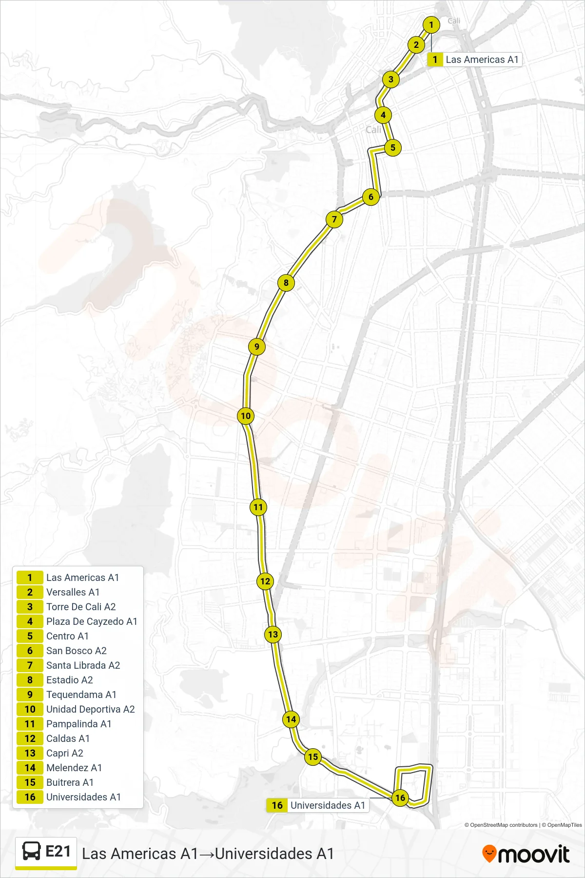 E21 bus Line (Las Americas A1→Universidades A1) route and stops on a map