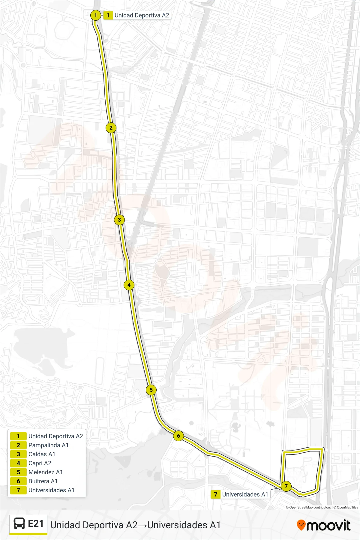 E21 bus Line (Unidad Deportiva A2→Universidades A1) route and stops on a map