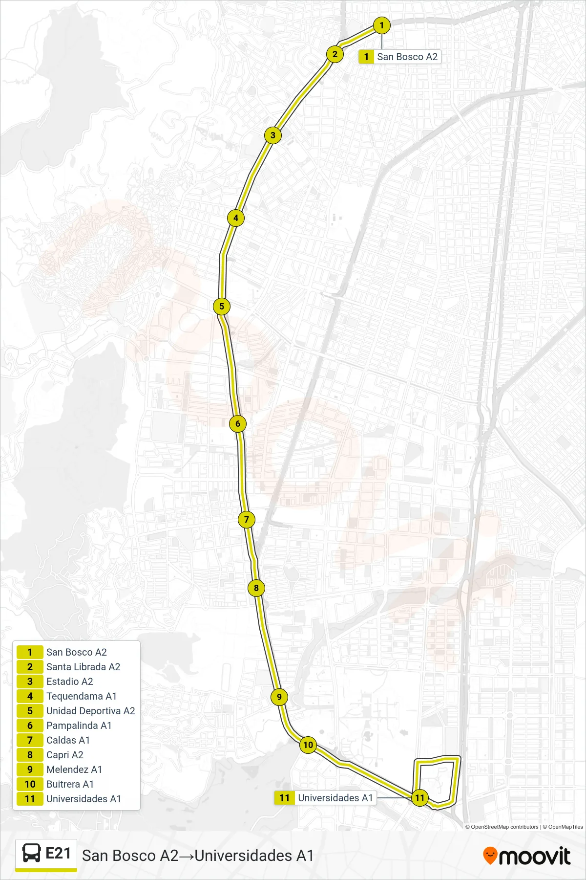 E21 bus Line (San Bosco A2→Universidades A1) route and stops on a map