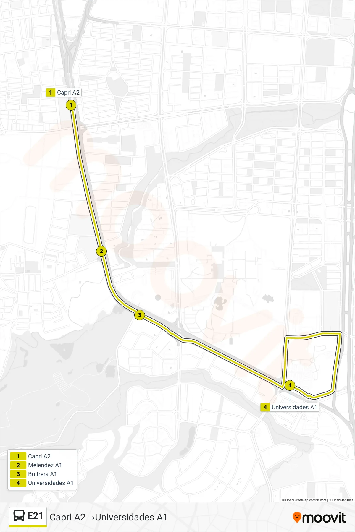 E21 bus Line (Capri A2→Universidades A1) route and stops on a map