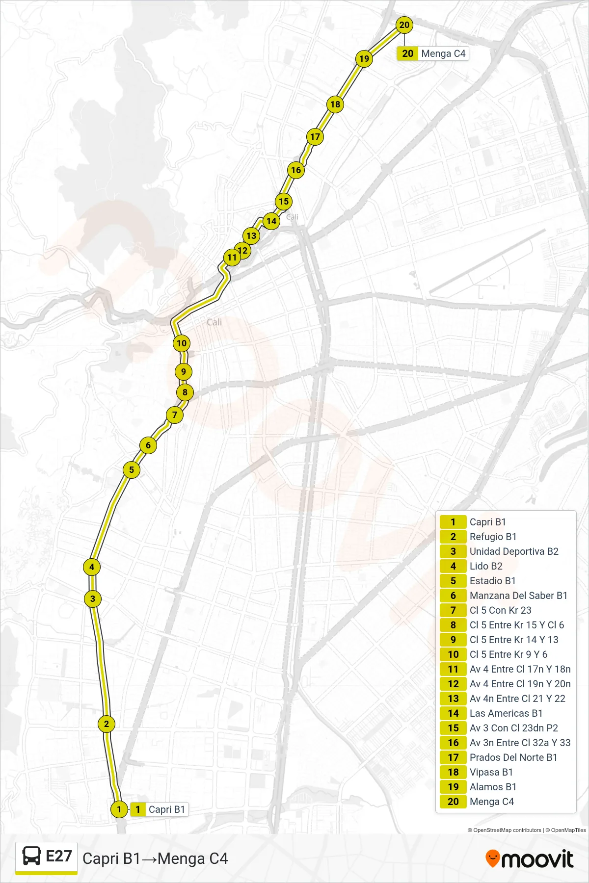 Recorrido y paradas de la línea E27 de autobús (Capri B1‎→Menga C4) en el mapa