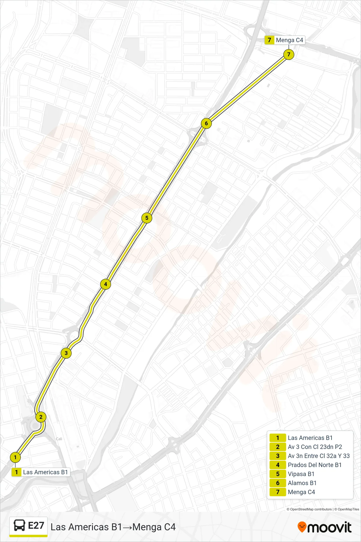 E27 bus Line (Las Americas B1→Menga C4) route and stops on a map