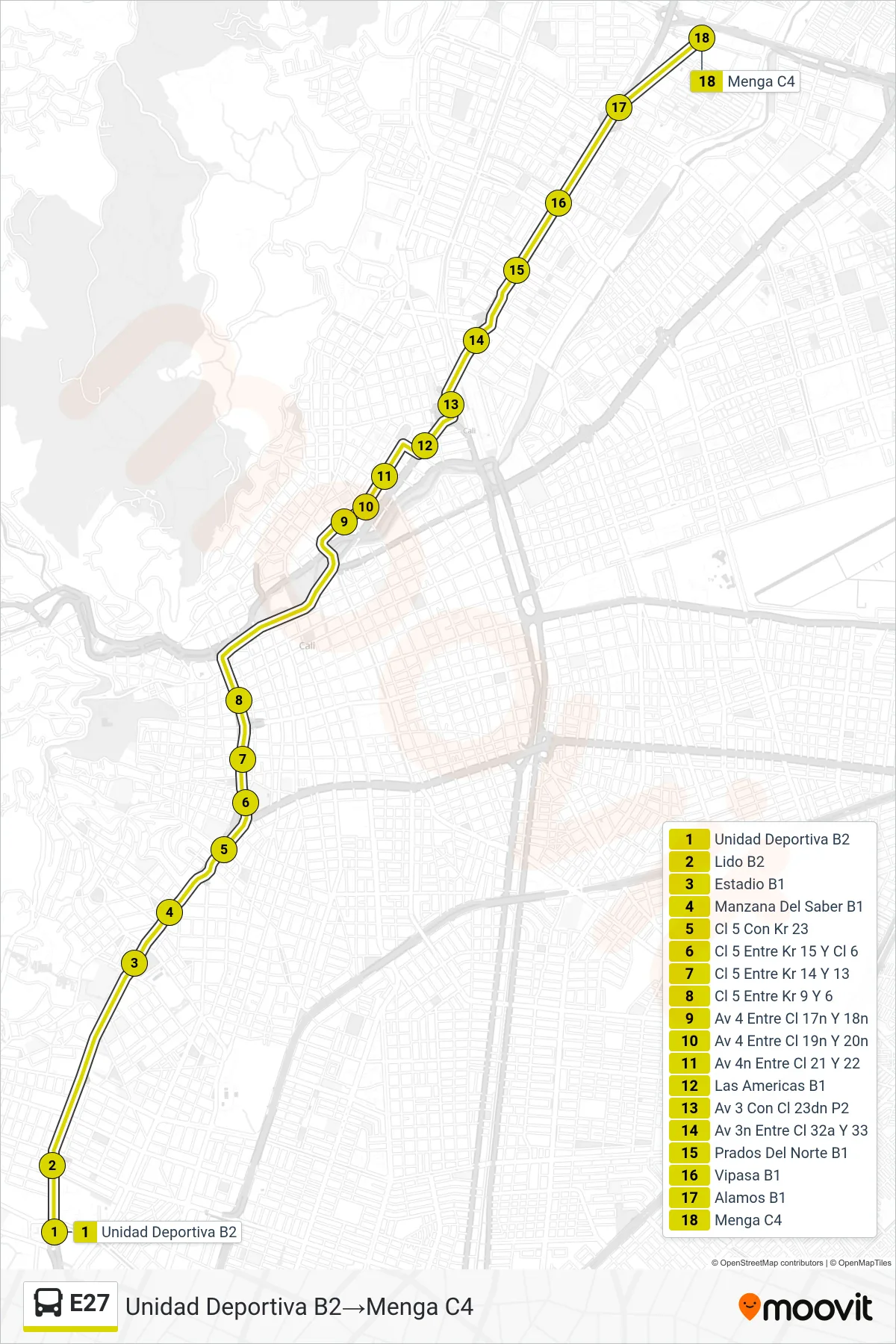 E27 bus Line (Unidad Deportiva B2→Menga C4) route and stops on a map