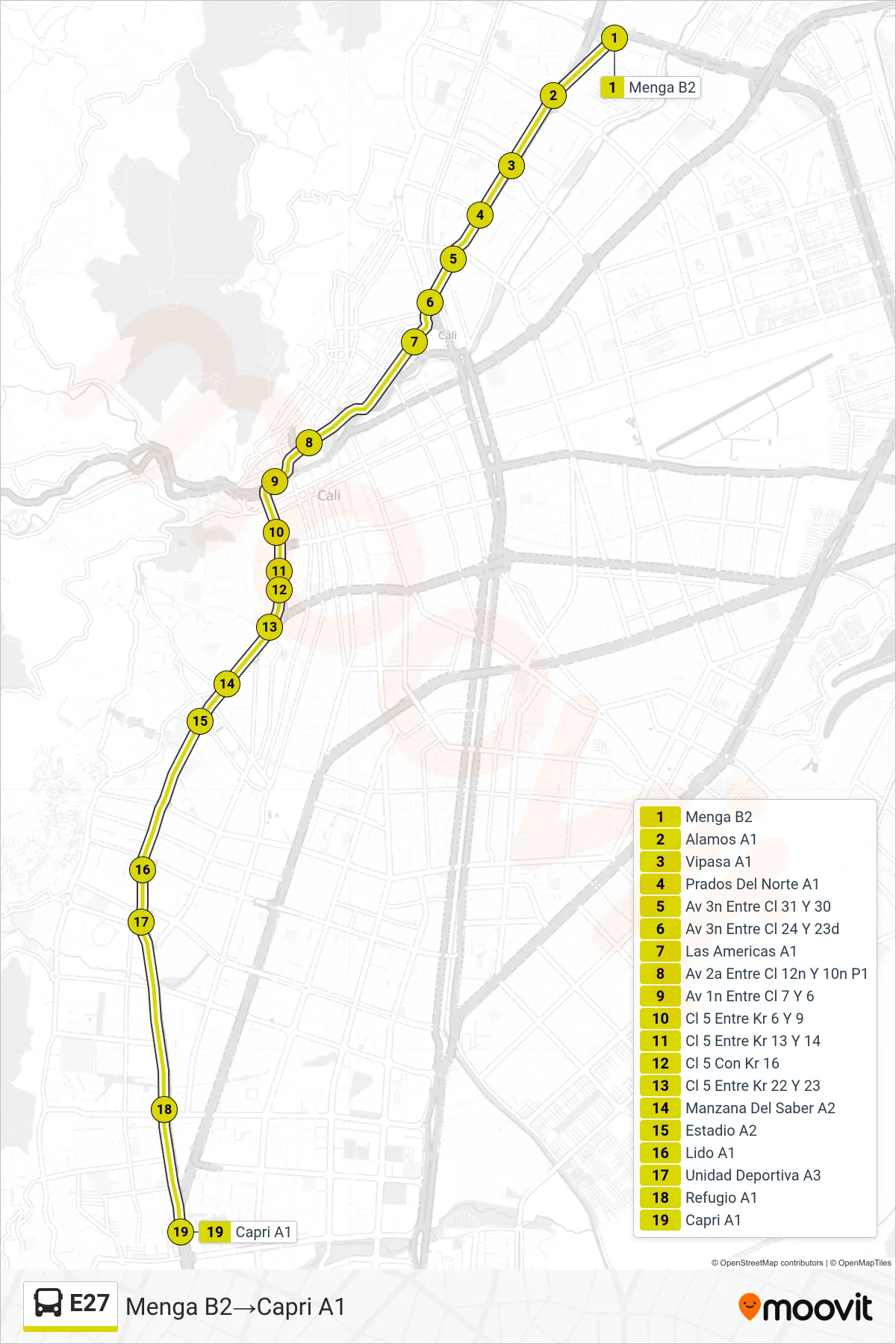 E27 bus Line (Menga B2→Capri A1) route and stops on a map