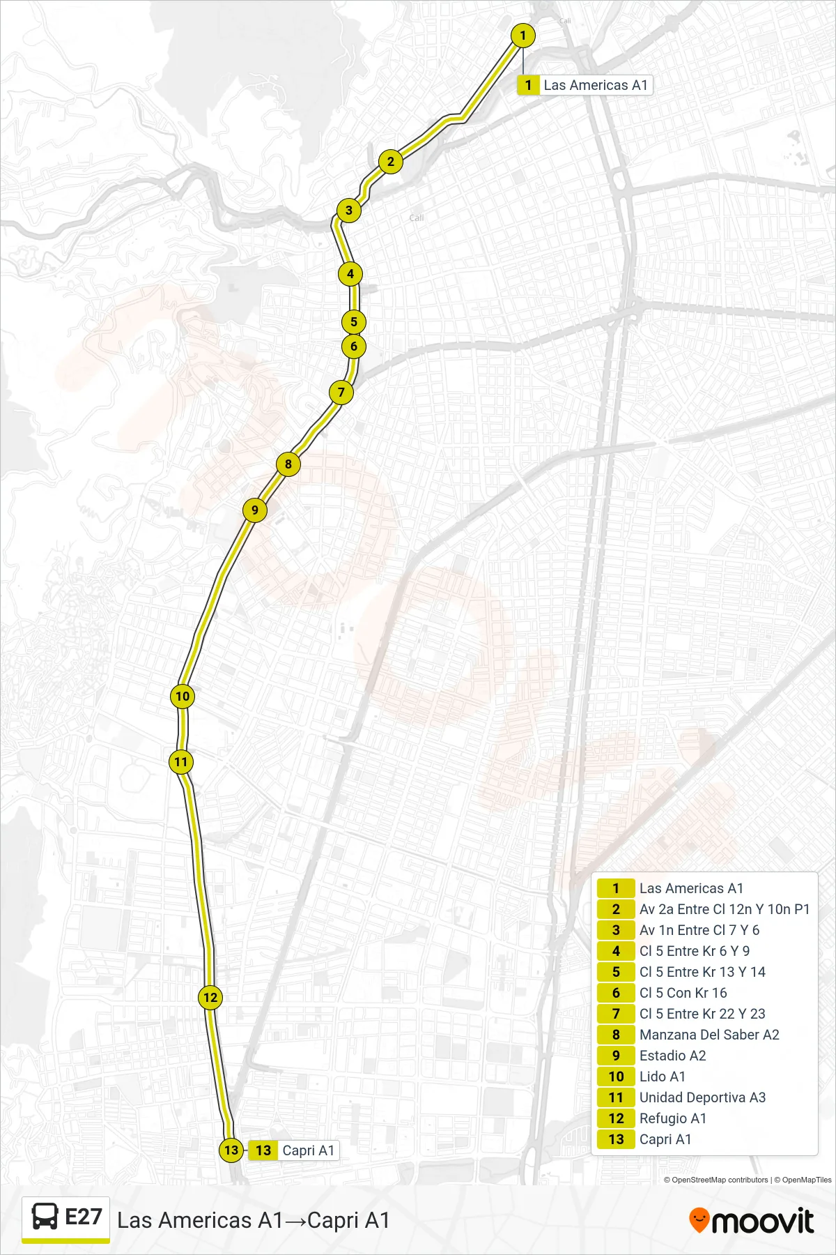 E27 bus Line (Las Americas A1→Capri A1) route and stops on a map