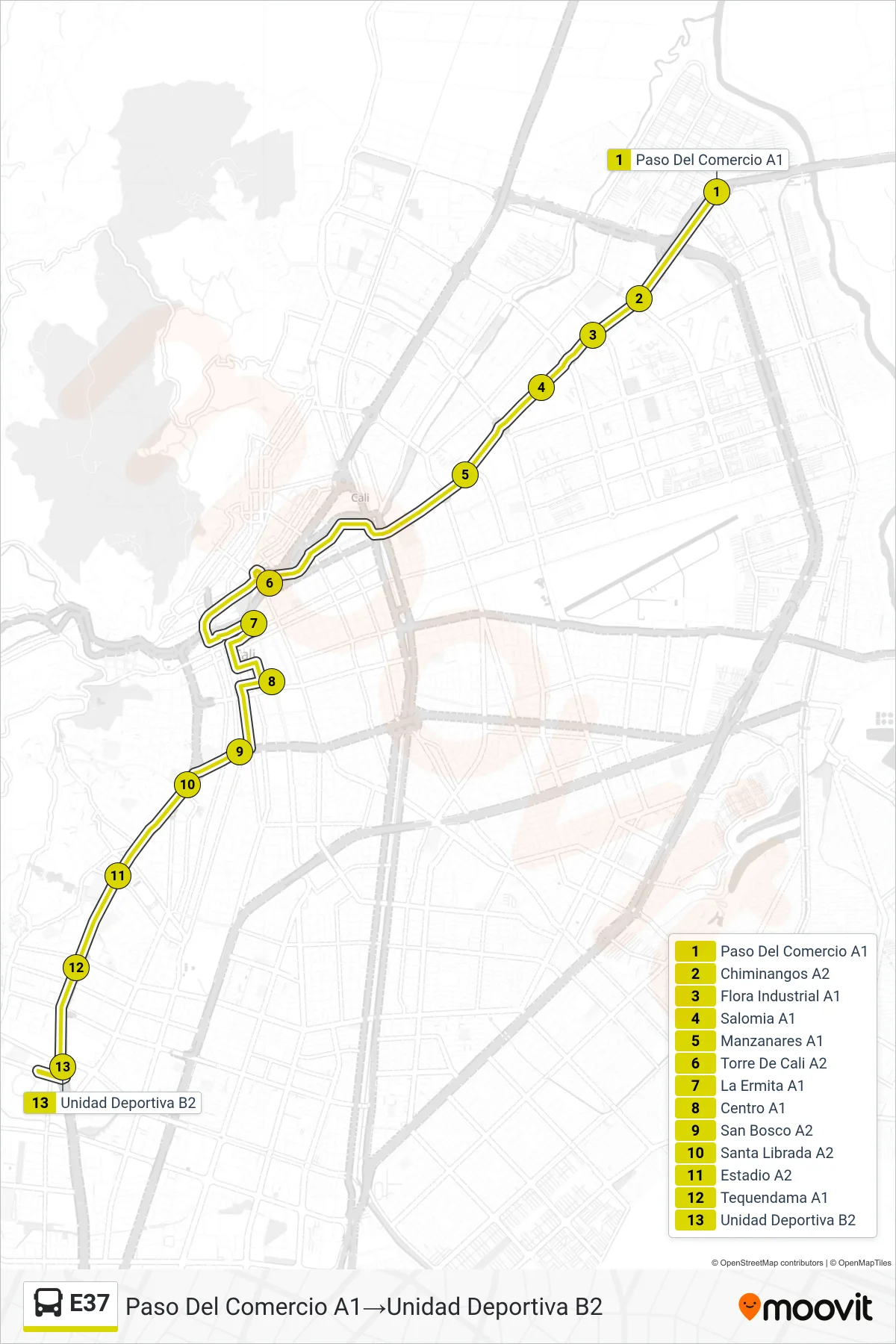 E37 bus Line (Paso Del Comercio A1‎→Unidad Deportiva B2) route and stops on a map