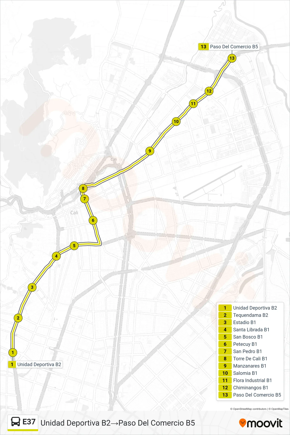 E37 bus Line (Unidad Deportiva B2→Paso Del Comercio B5) route and stops on a map