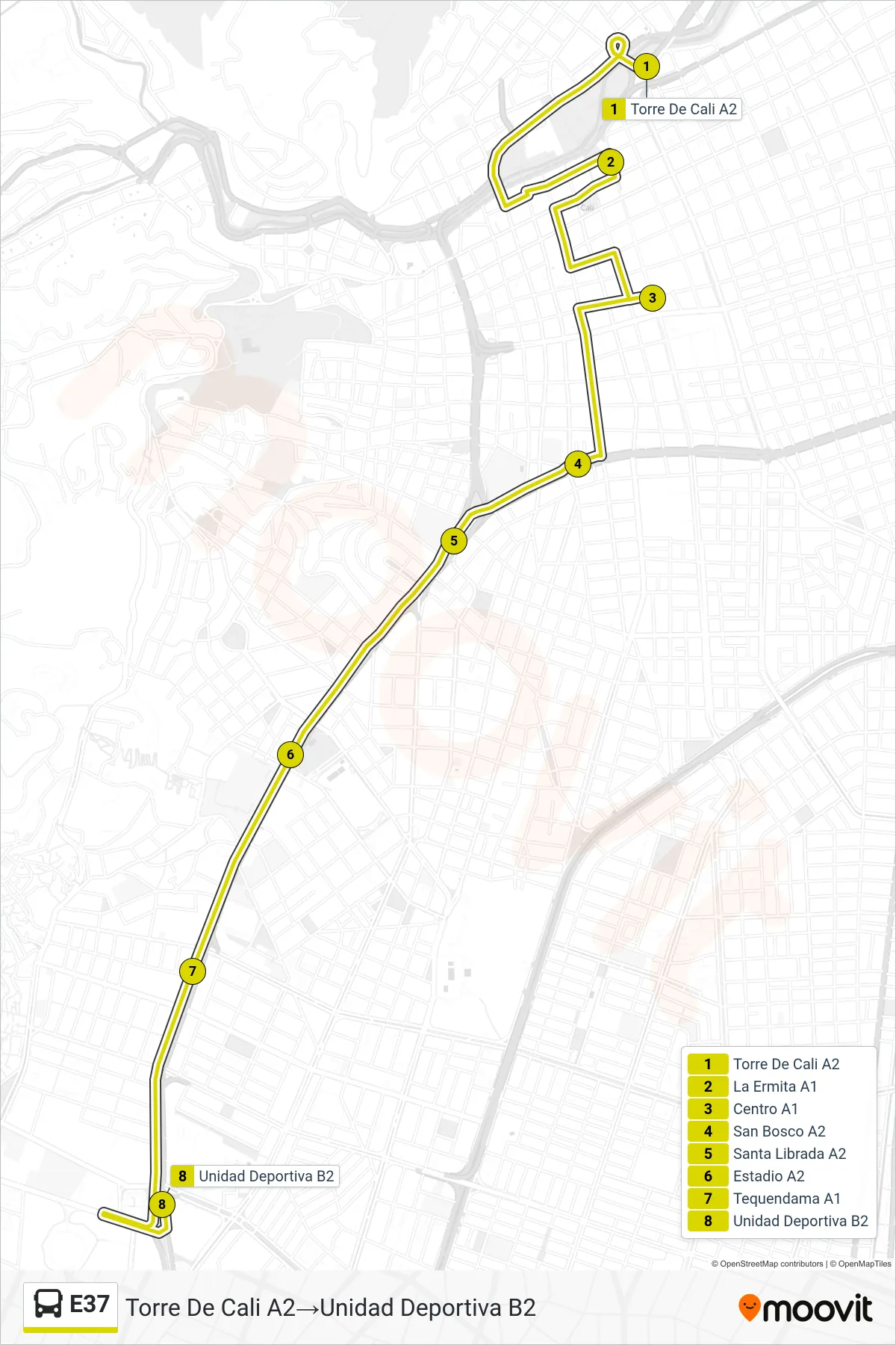 E37 bus Line (Torre De Cali A2→Unidad Deportiva B2) route and stops on a map