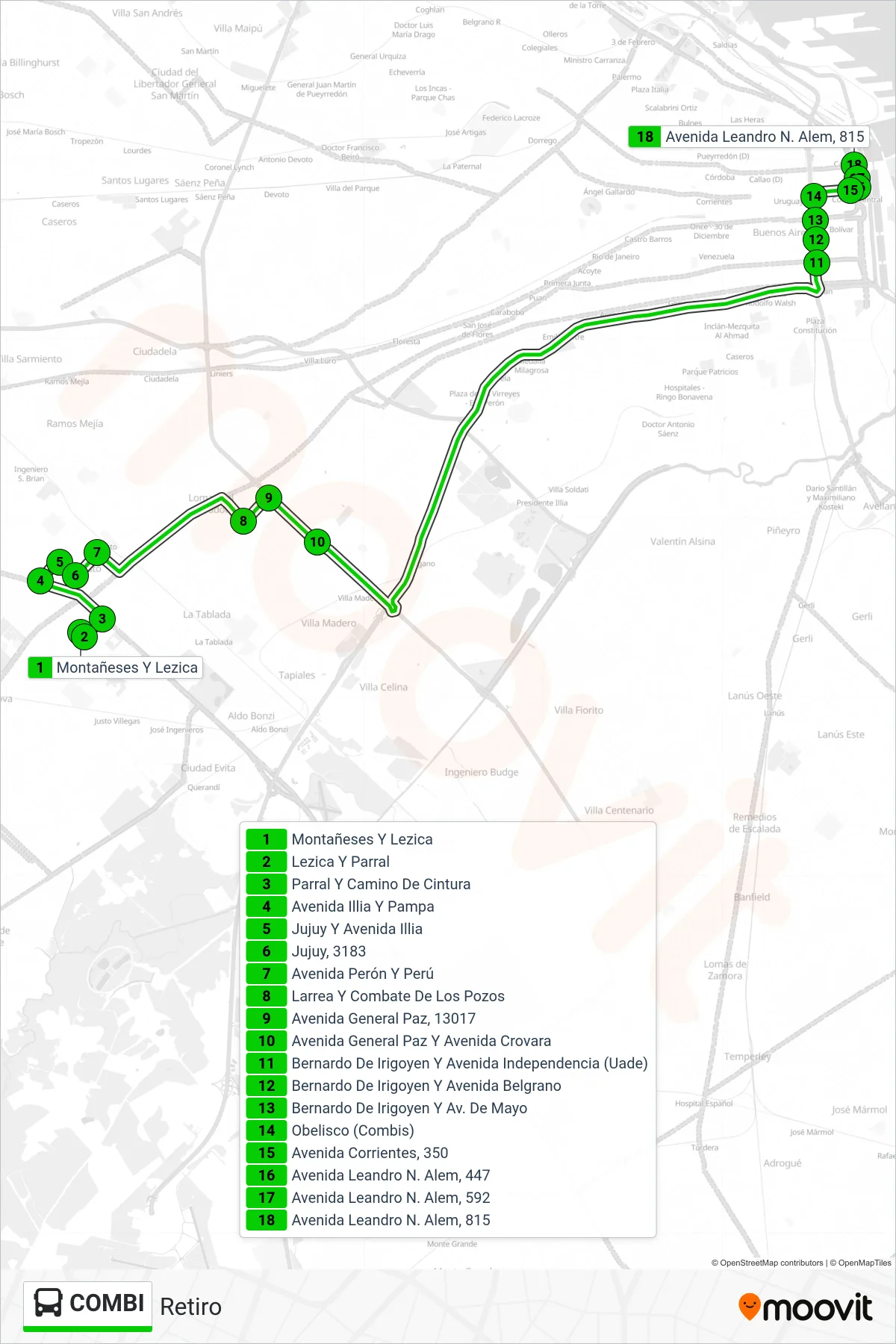 COMBI bus Line (Retiro) route and stops on a map