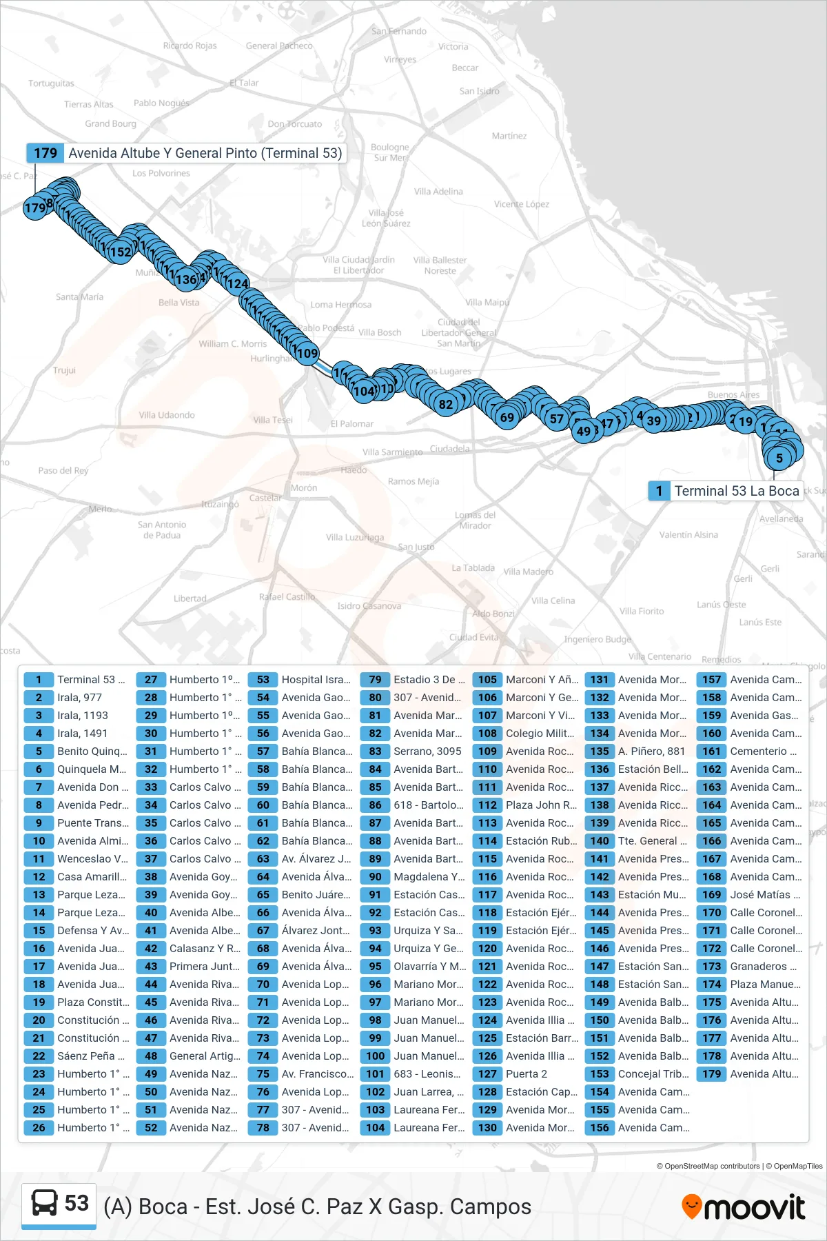 53 Colectivo Line ((A) Boca - Est. José C. Paz X Gasp. Campos) route and stops on a map