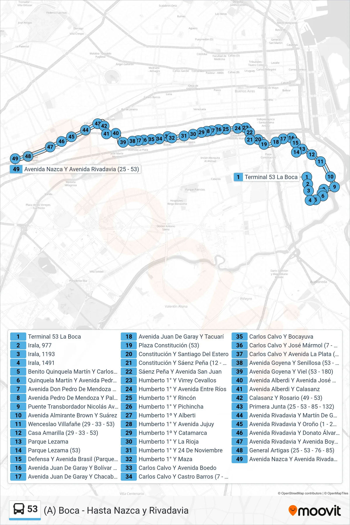 53 Colectivo Line ((A) Boca - Hasta Nazca y Rivadavia) route and stops on a map