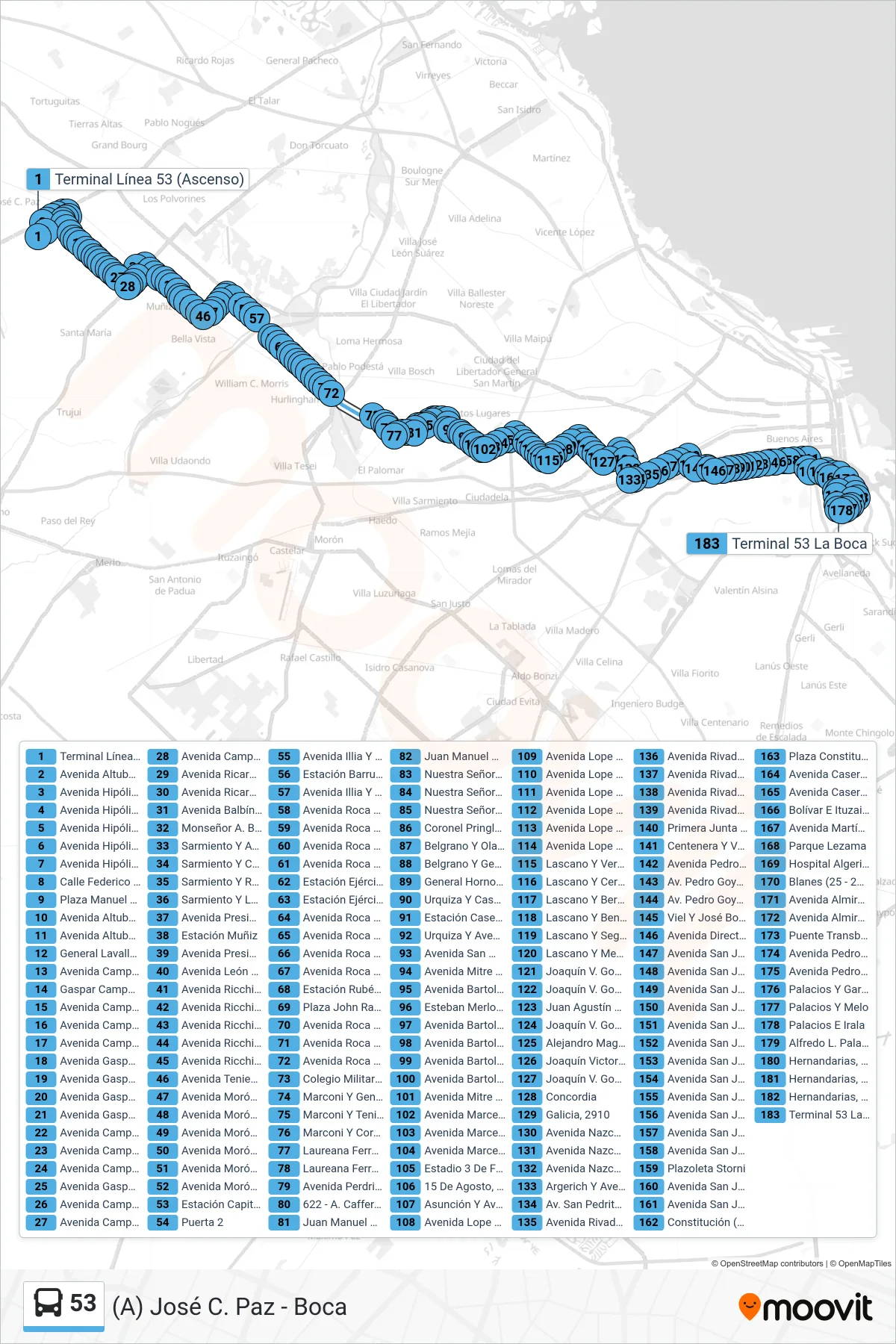 53 Colectivo Line ((A) José C. Paz - Boca) route and stops on a map