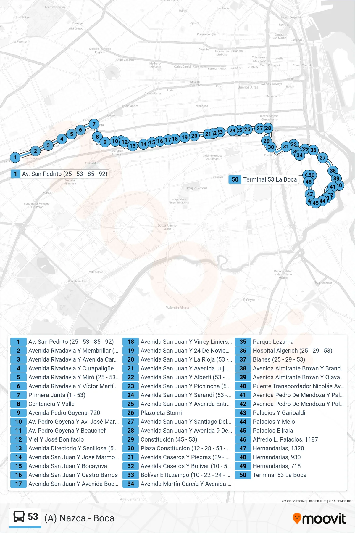 53 bus Line ((A) Nazca - Boca) route and stops on a map