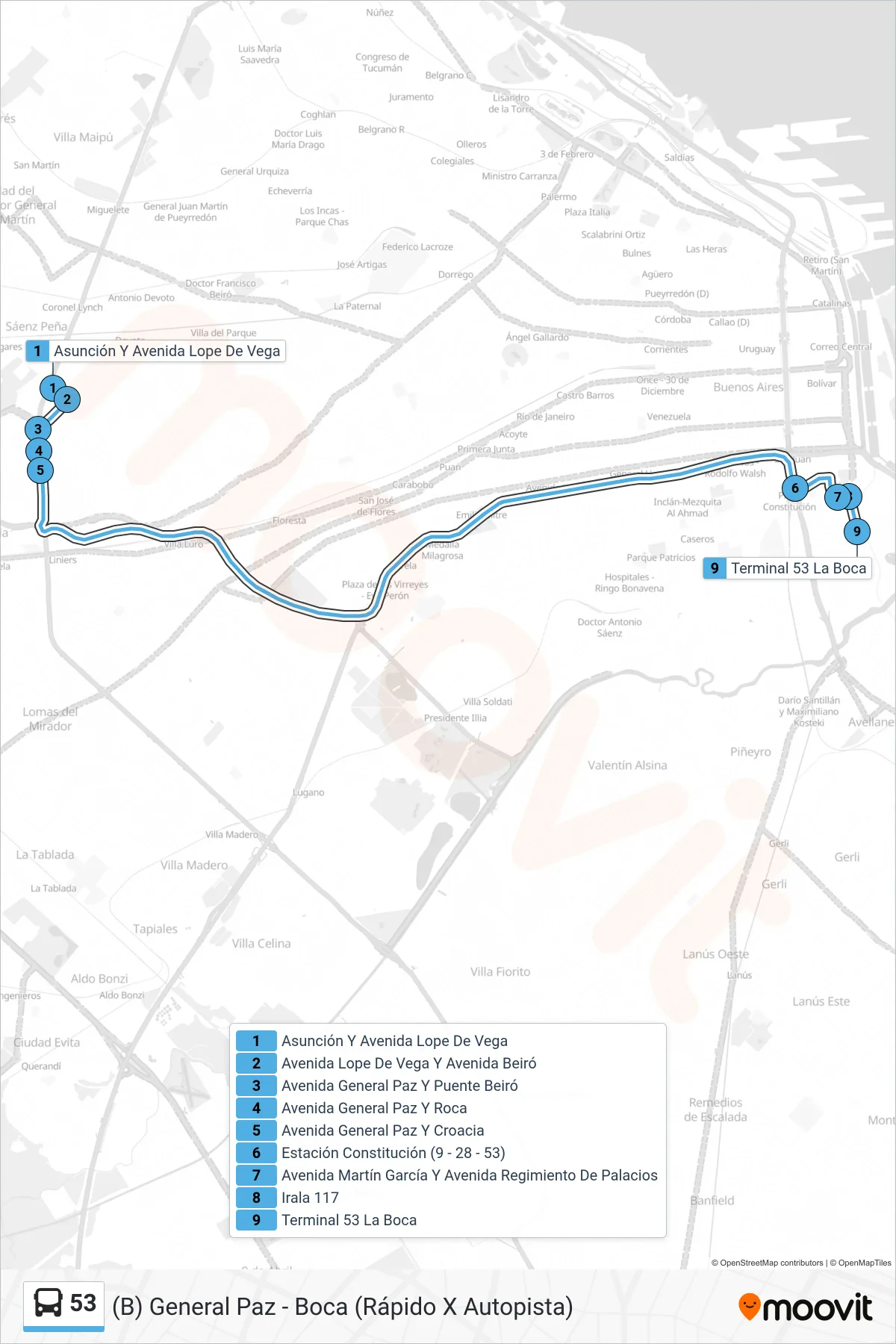 53 Colectivo Line ((B) General Paz - Boca (Rápido X Autopista)) route and stops on a map
