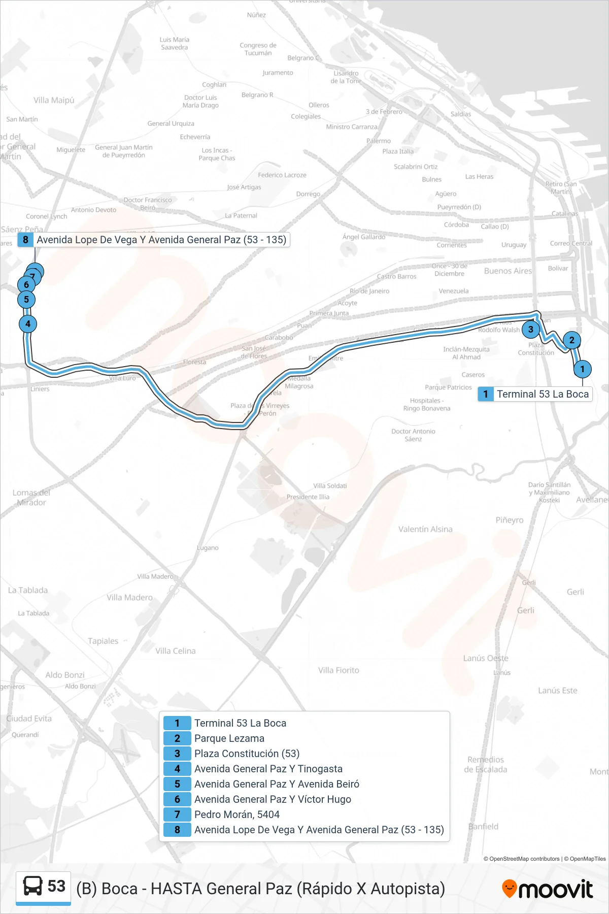 53 bus Line ((B) Boca - HASTA General Paz (Rápido X Autopista)) route and stops on a map