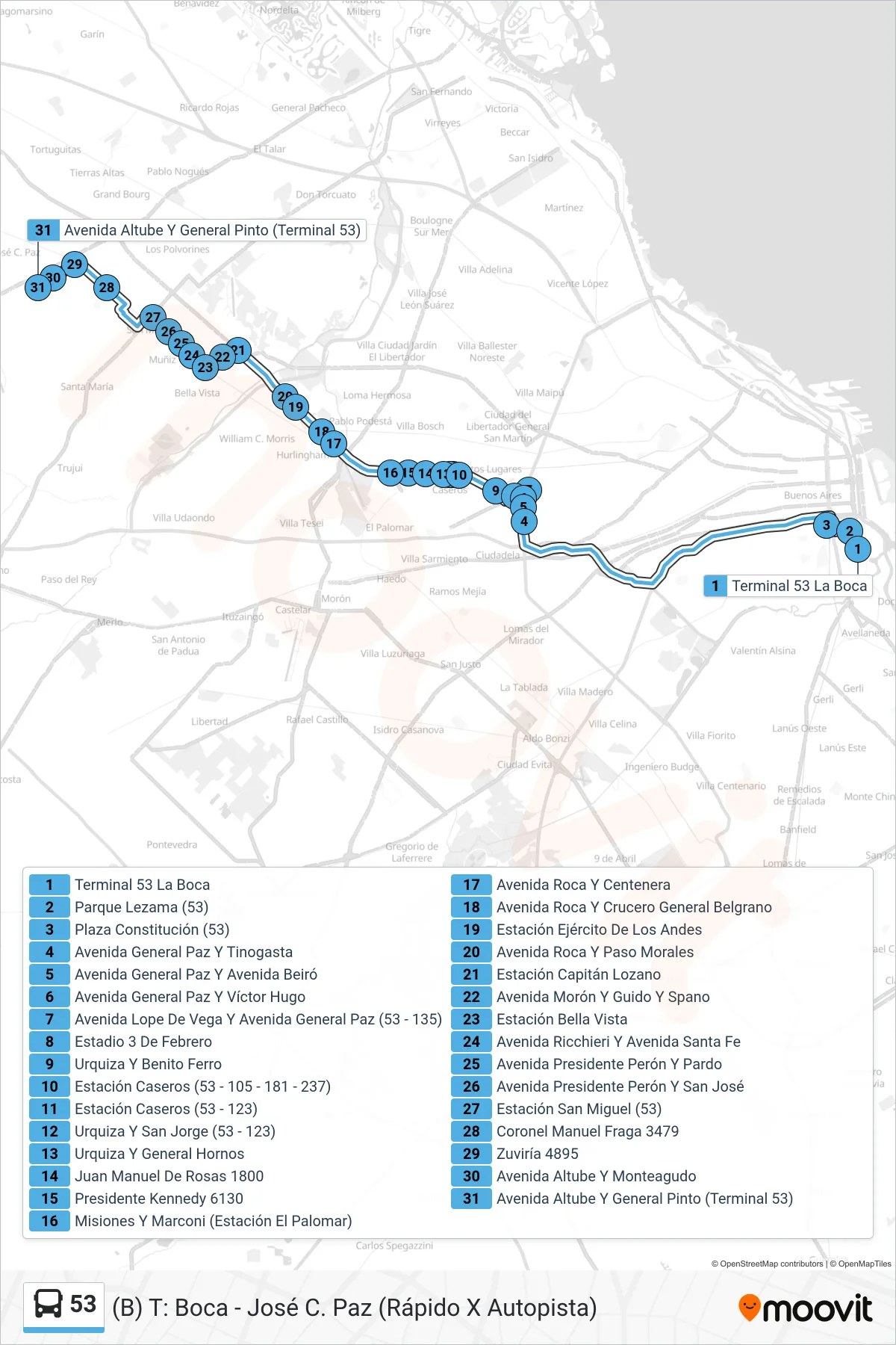 53 bus Line ((B) T: Boca - José C. Paz (Rápido X Autopista)) route and stops on a map