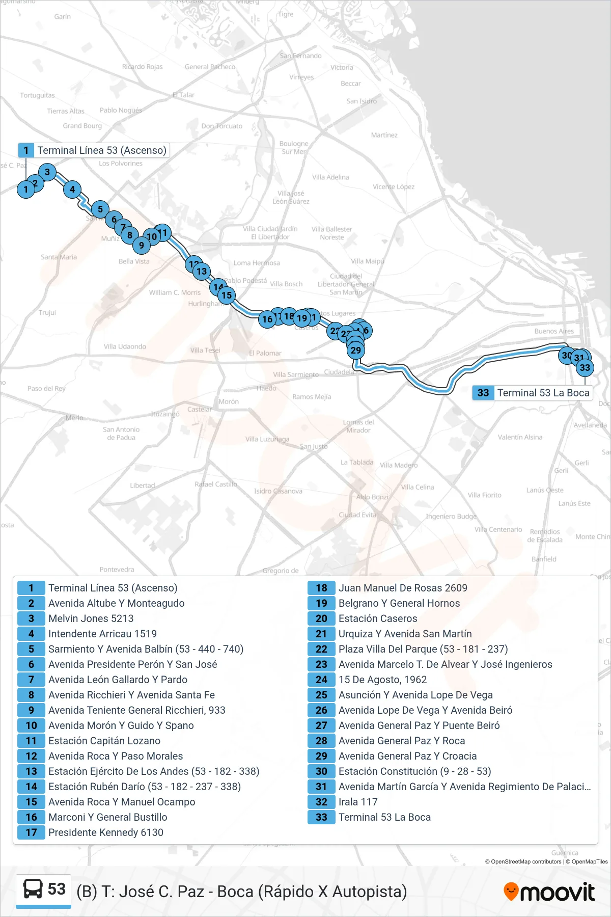 53 Colectivo Line ((B) T: José C. Paz - Boca (Rápido X Autopista)) route and stops on a map
