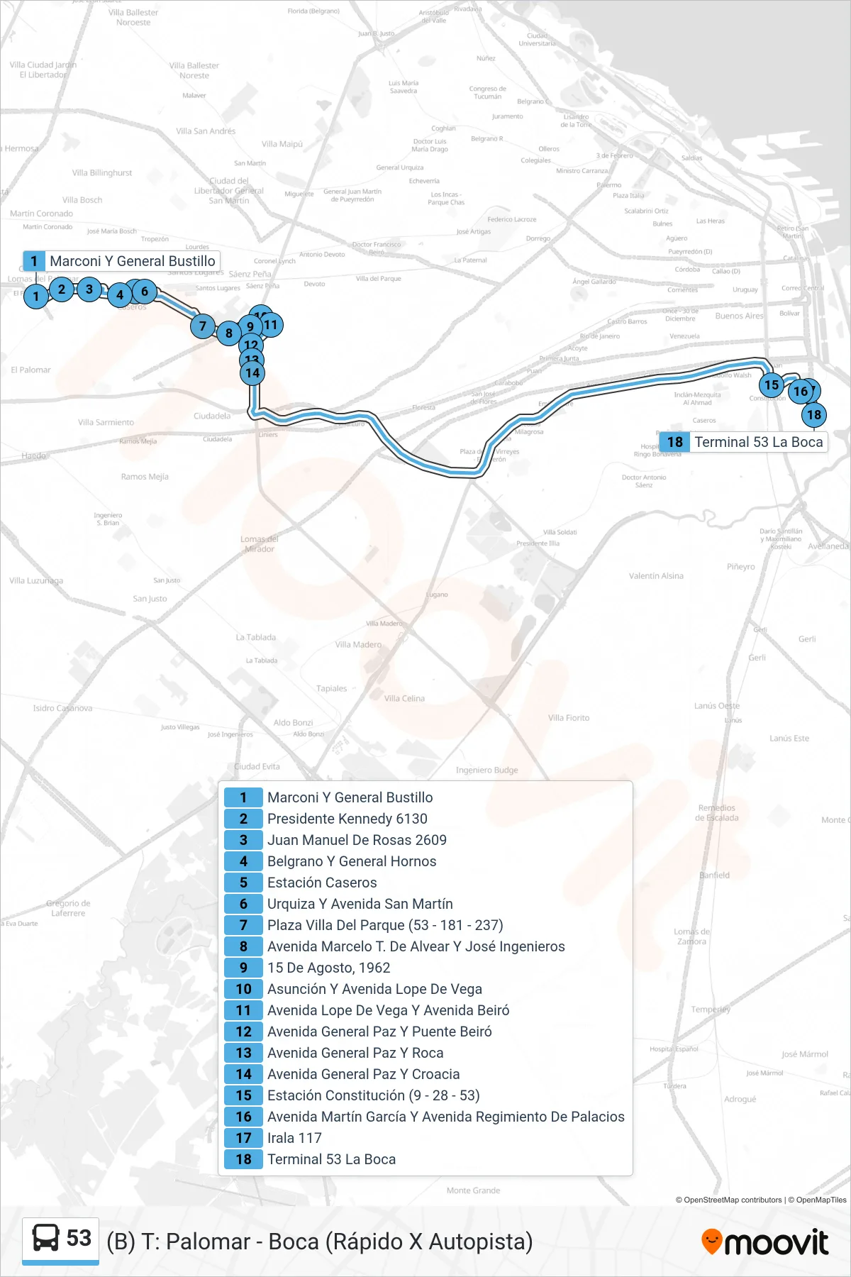 53 Colectivo Line ((B) T: Palomar - Boca (Rápido X Autopista)) route and stops on a map