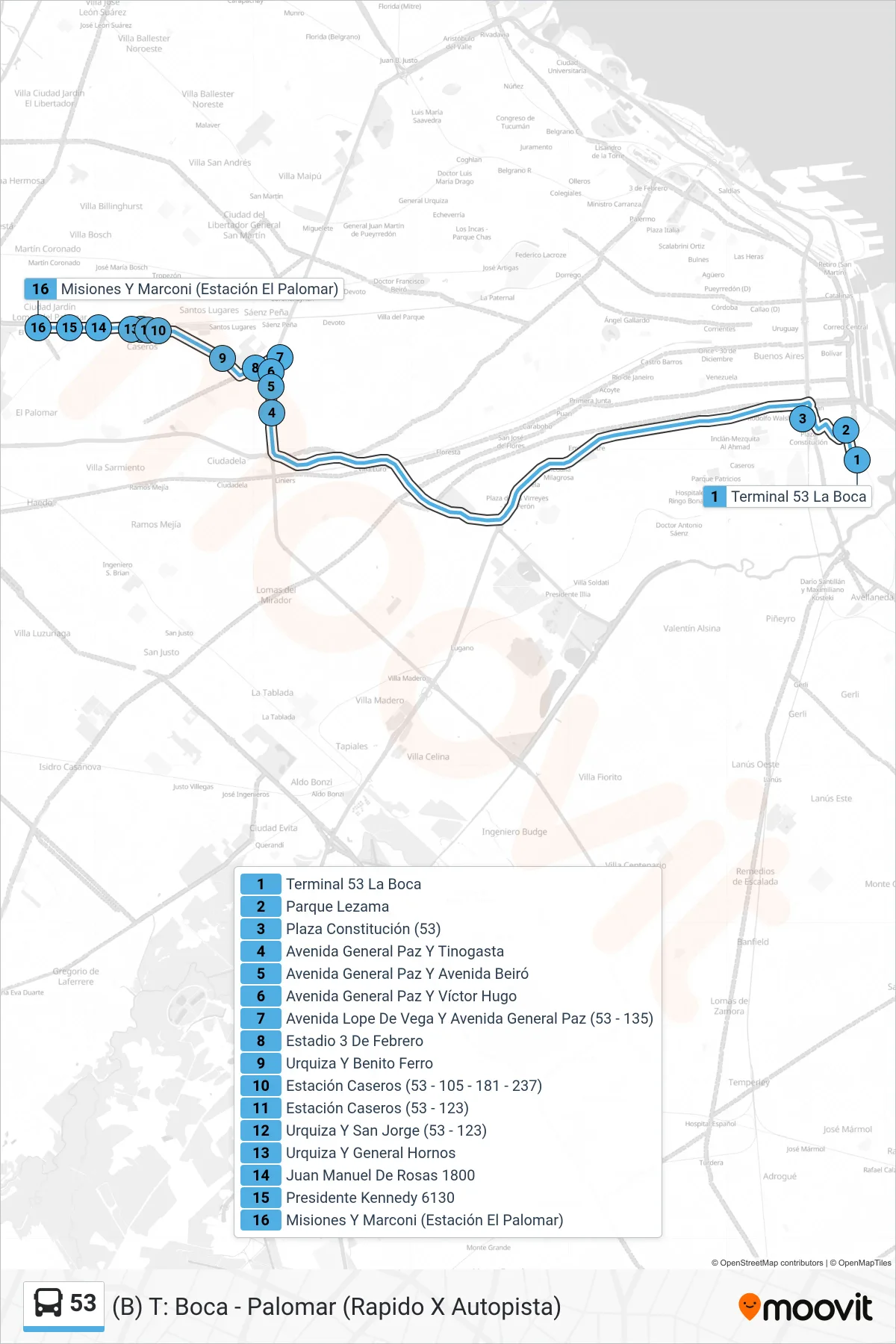 53 Colectivo Line ((B) T: Boca - Palomar (Rapido X Autopista)) route and stops on a map