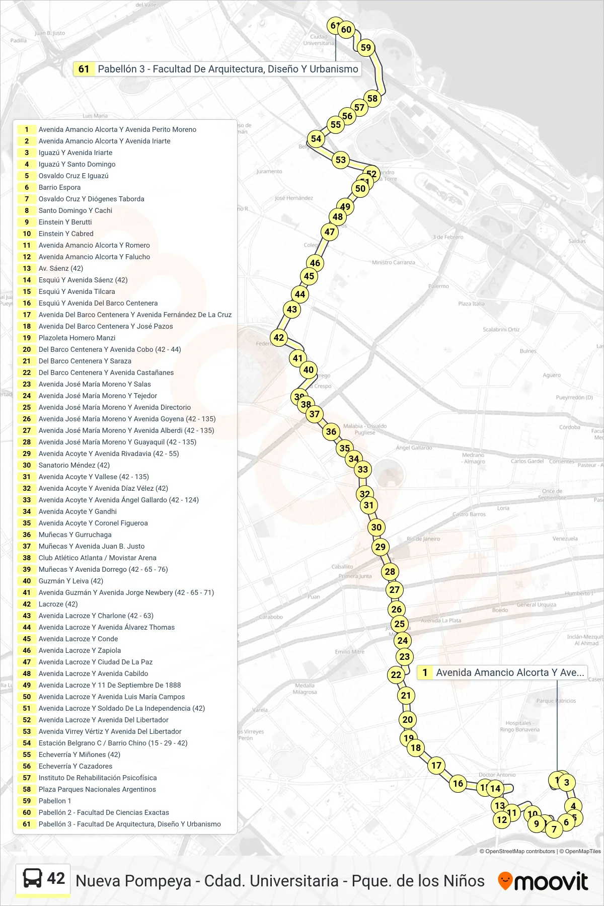 42 Colectivo Line (B: Ciudad Universitaria x B° Espora x La Pampa) route and stops on a map