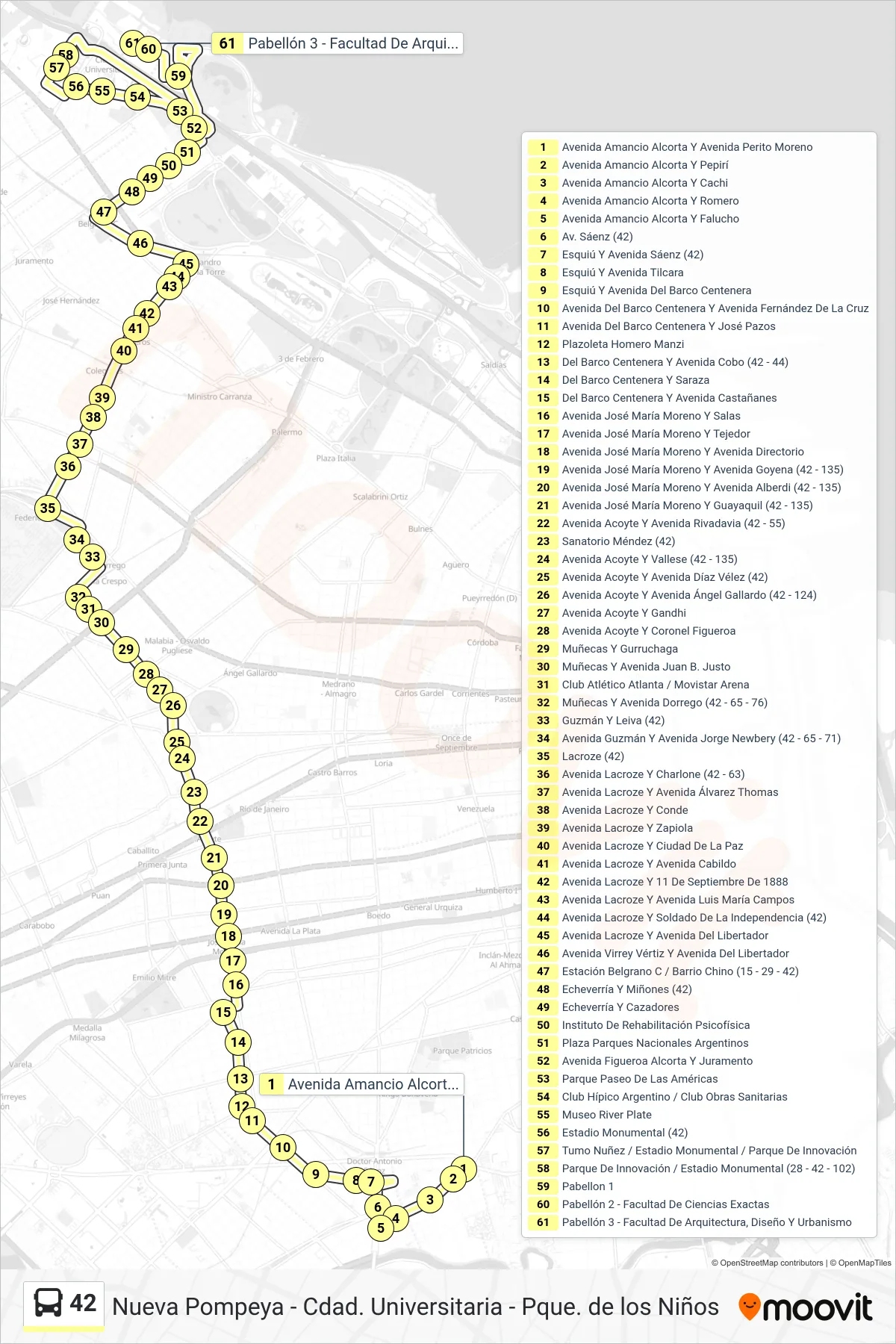 42 bus Line (A: Ciudad Universitaria x Alcorta x River Plate) route and stops on a map