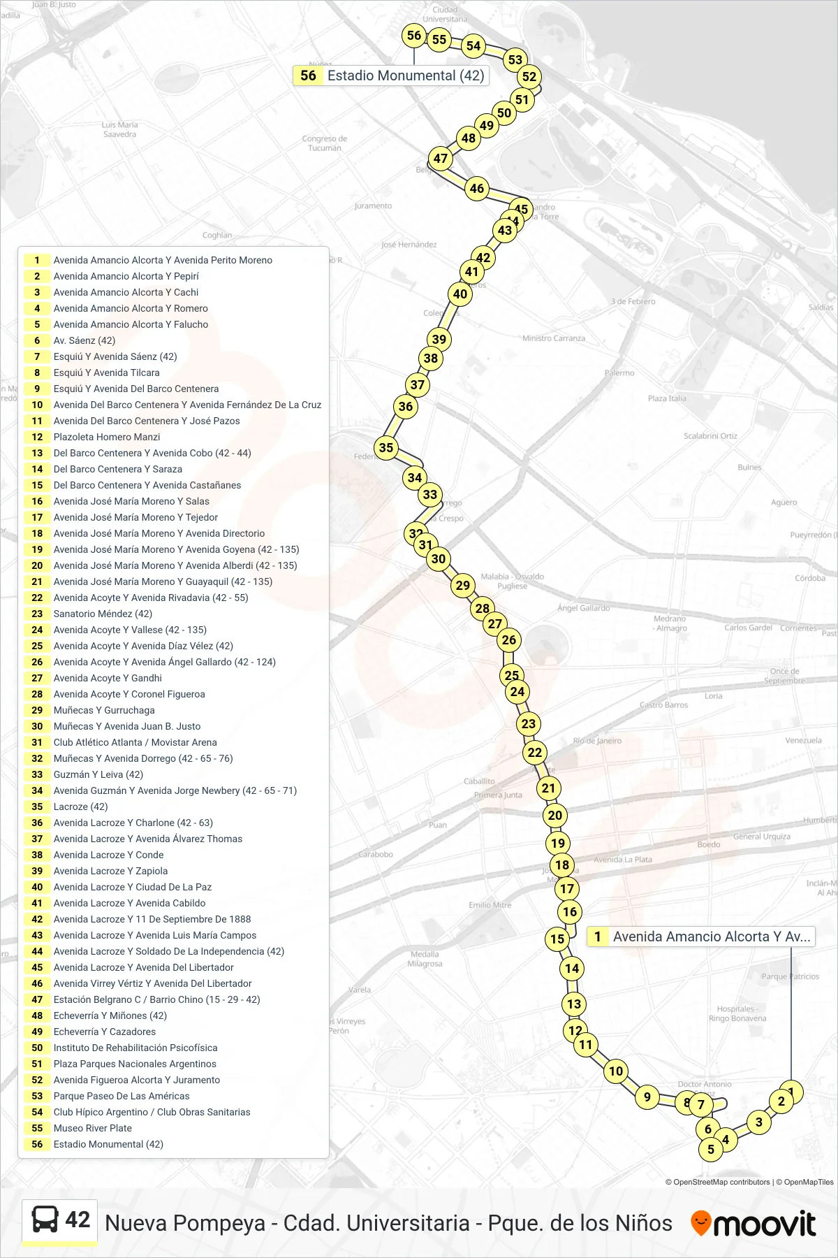 42 bus Line (F: Hasta River Plate x Alcorta) route and stops on a map