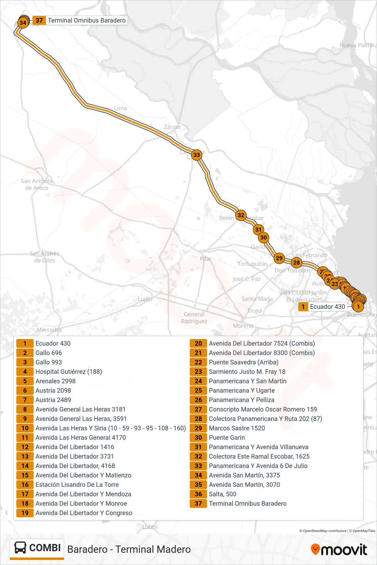 COMBI Colectivo Line (Baradero) route and stops on a map