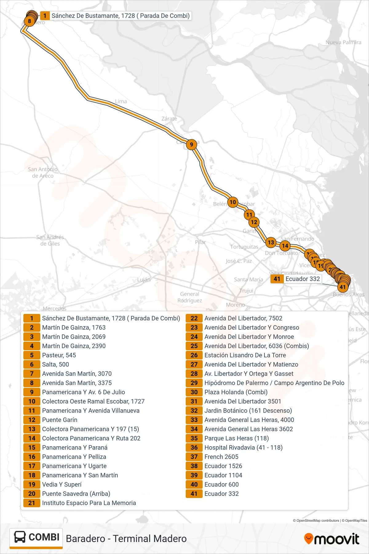 COMBI bus Line (Once) route and stops on a map