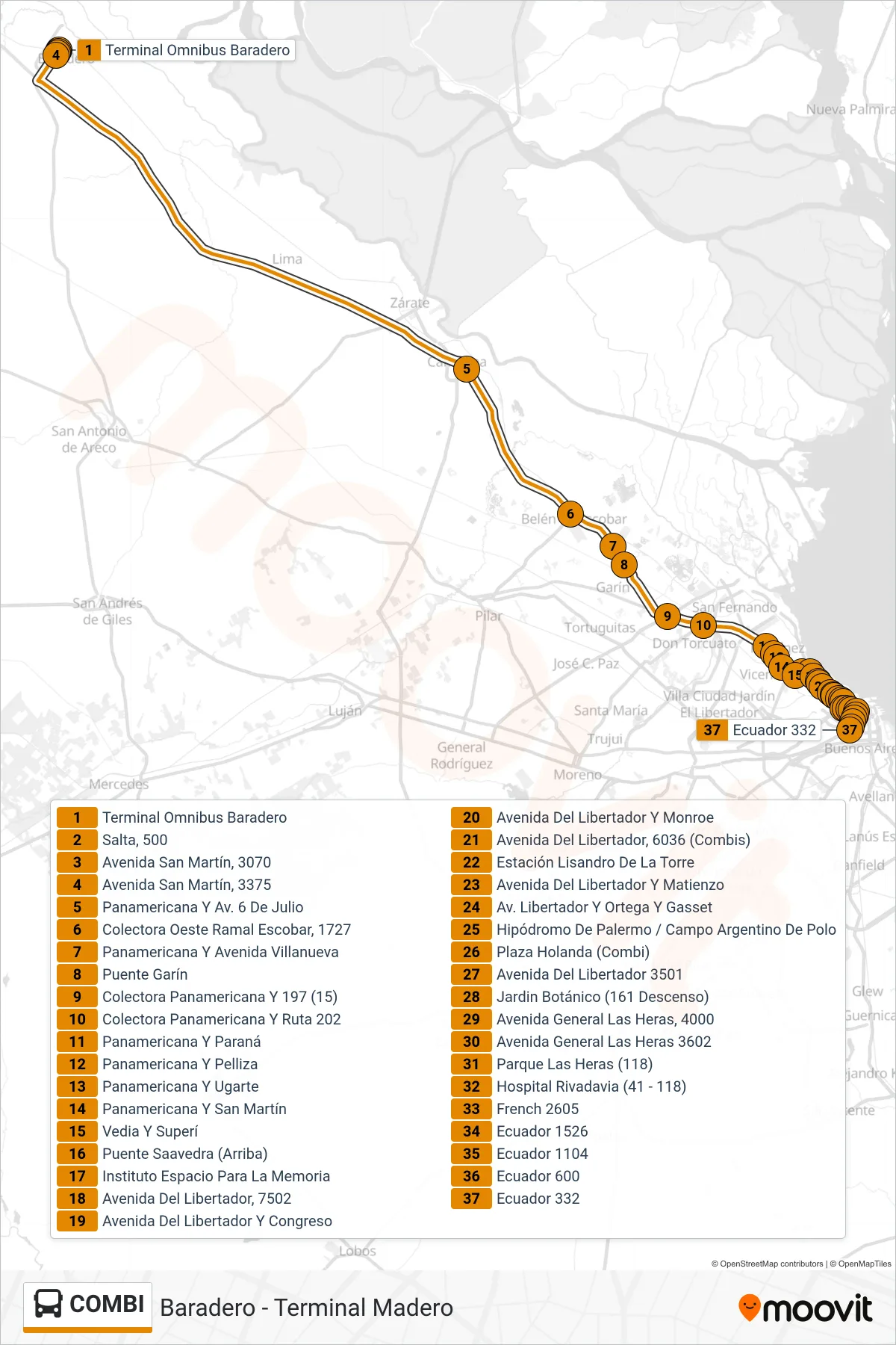 COMBI Colectivo Line (Once) route and stops on a map