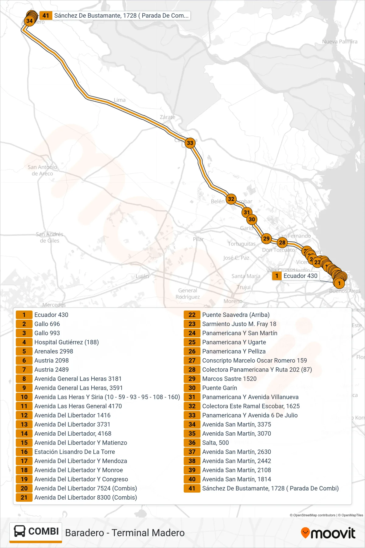 COMBI bus Line (Baradero (Hasta Lino y Bustamante)) route and stops on a map