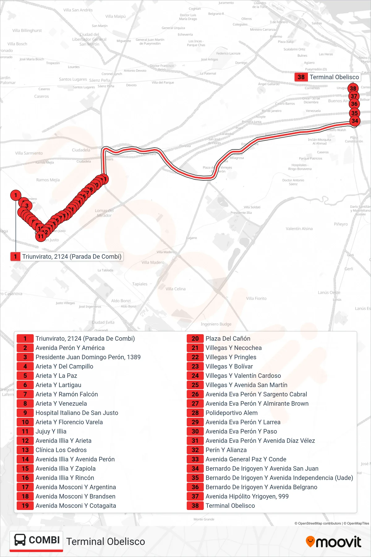 COMBI bus Line (Terminal Obelisco) route and stops on a map