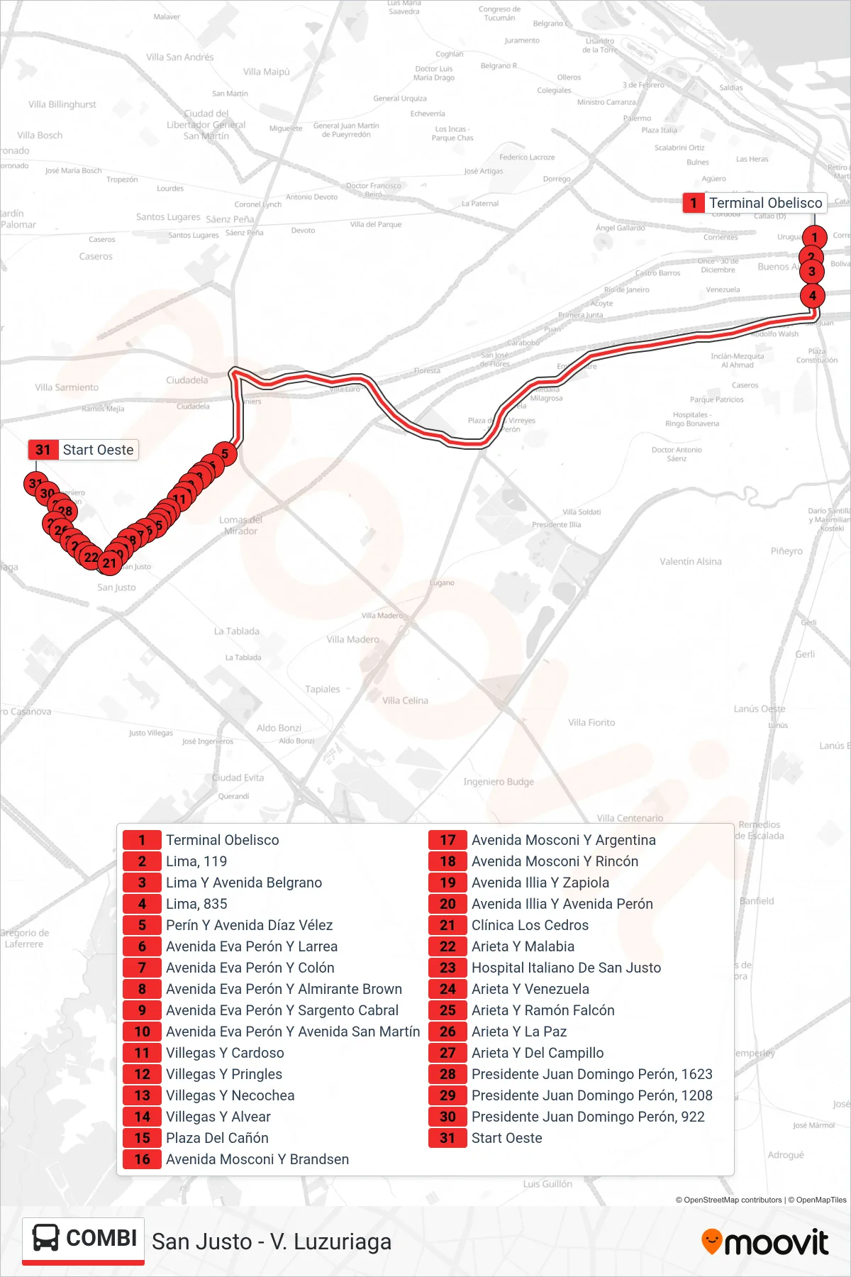 COMBI Colectivo Line (San Justo - V. Luzuriaga) route and stops on a map